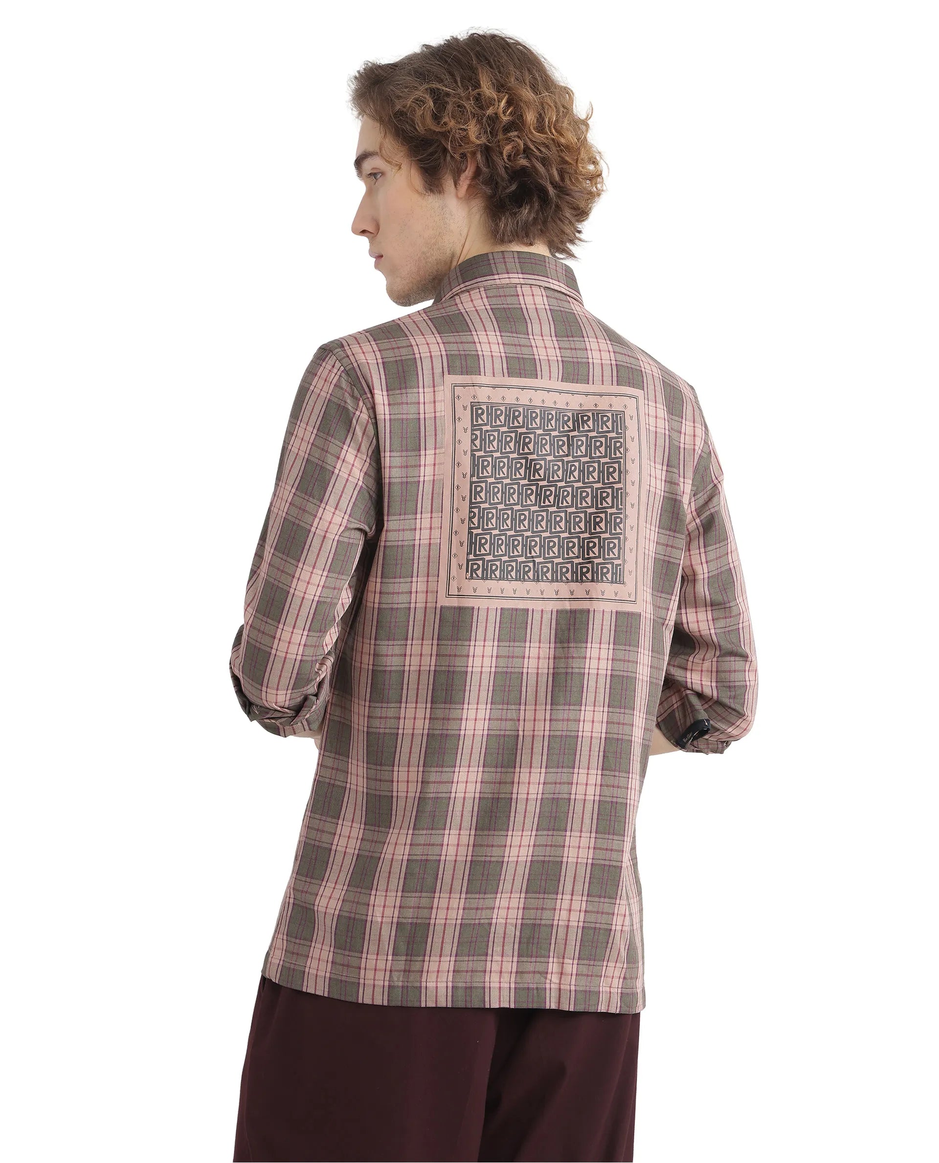 Rare Rabbit Men's Zamb Olive Cotton Fabric Full Sleeve Oversized Fit Graphic Back Print Checks Shirt