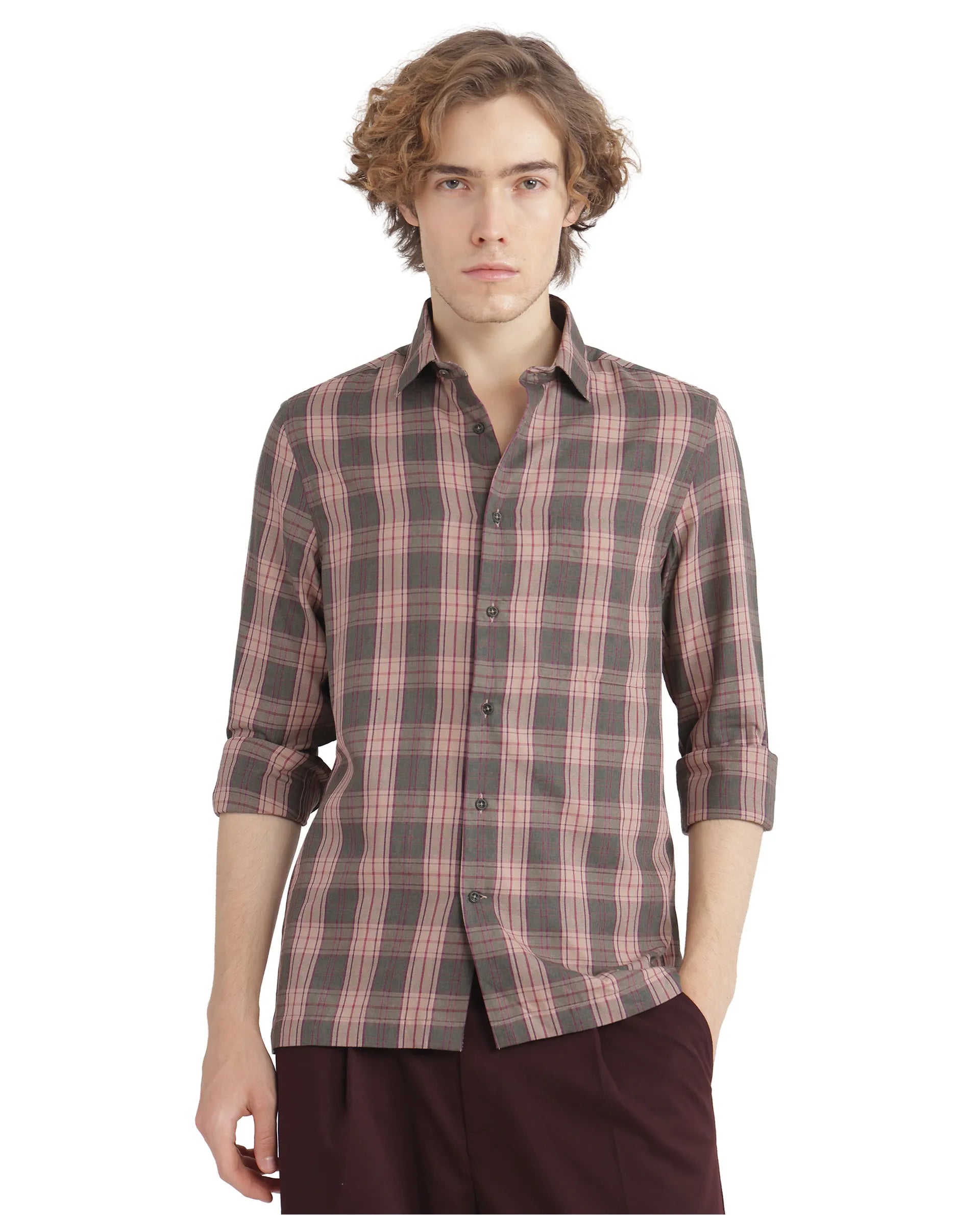 Rare Rabbit Men's Zamb Olive Cotton Fabric Full Sleeve Oversized Fit Graphic Back Print Checks Shirt