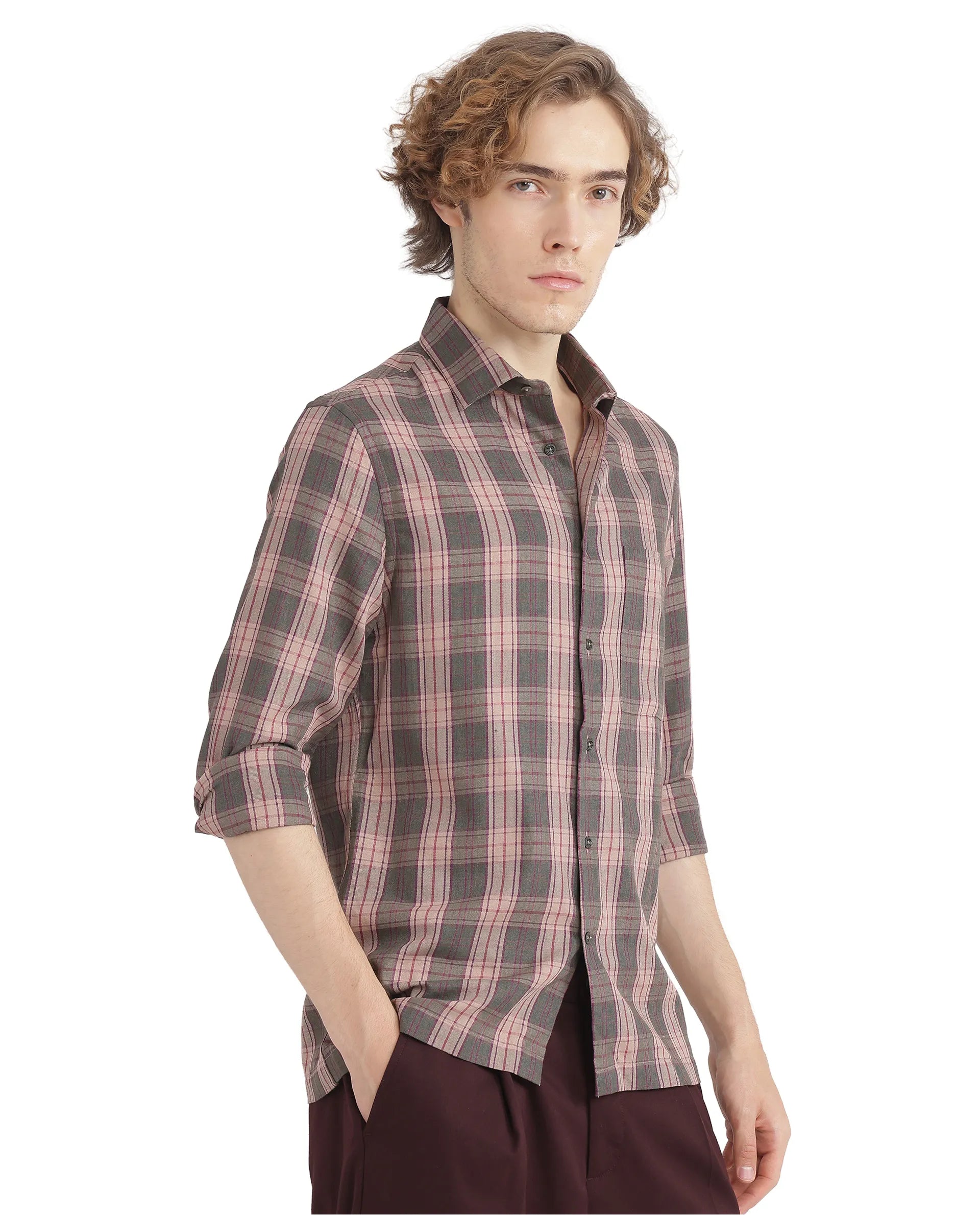 Rare Rabbit Men's Zamb Olive Cotton Fabric Full Sleeve Oversized Fit Graphic Back Print Checks Shirt