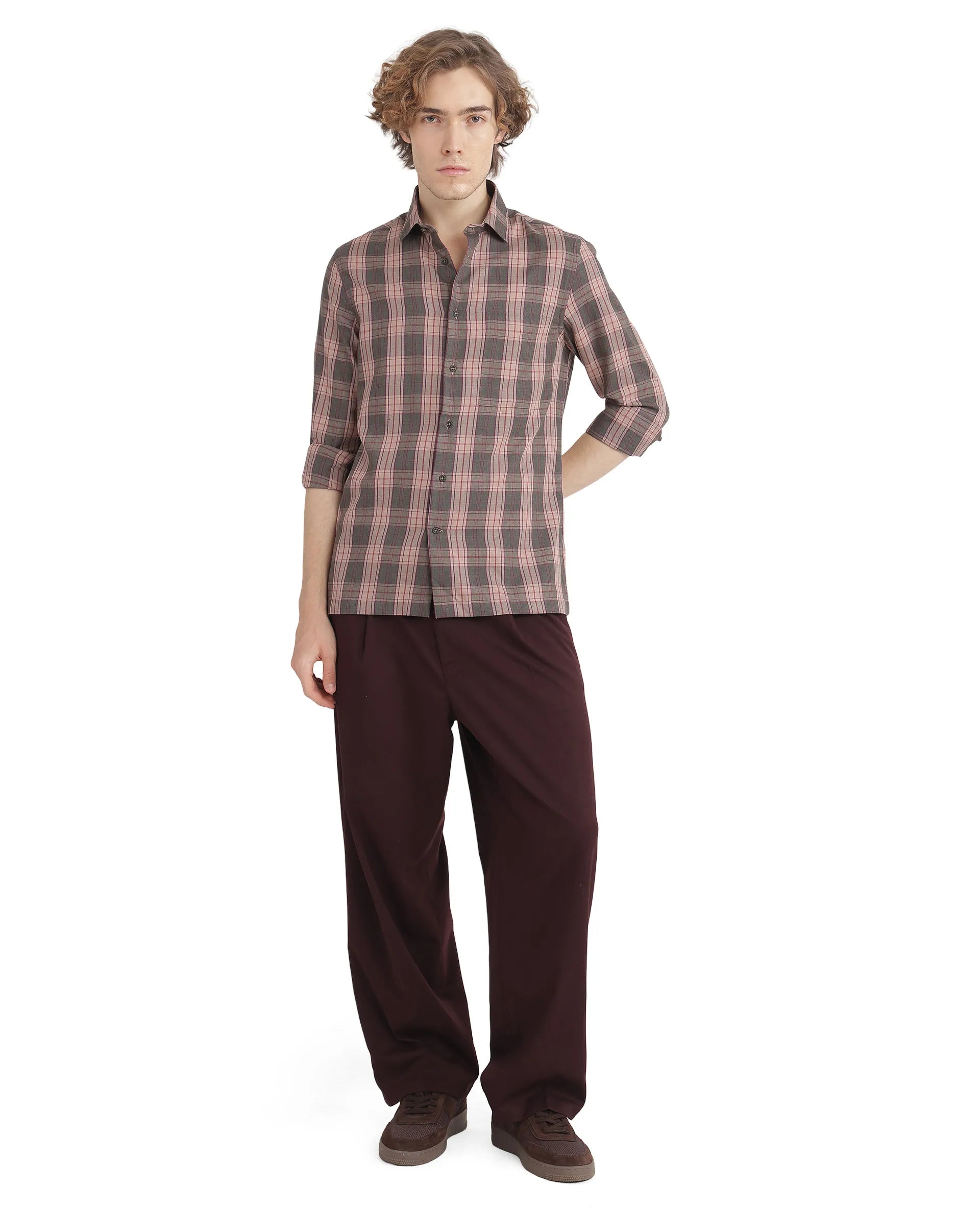 Rare Rabbit Men's Zamb Olive Cotton Fabric Full Sleeve Oversized Fit Graphic Back Print Checks Shirt