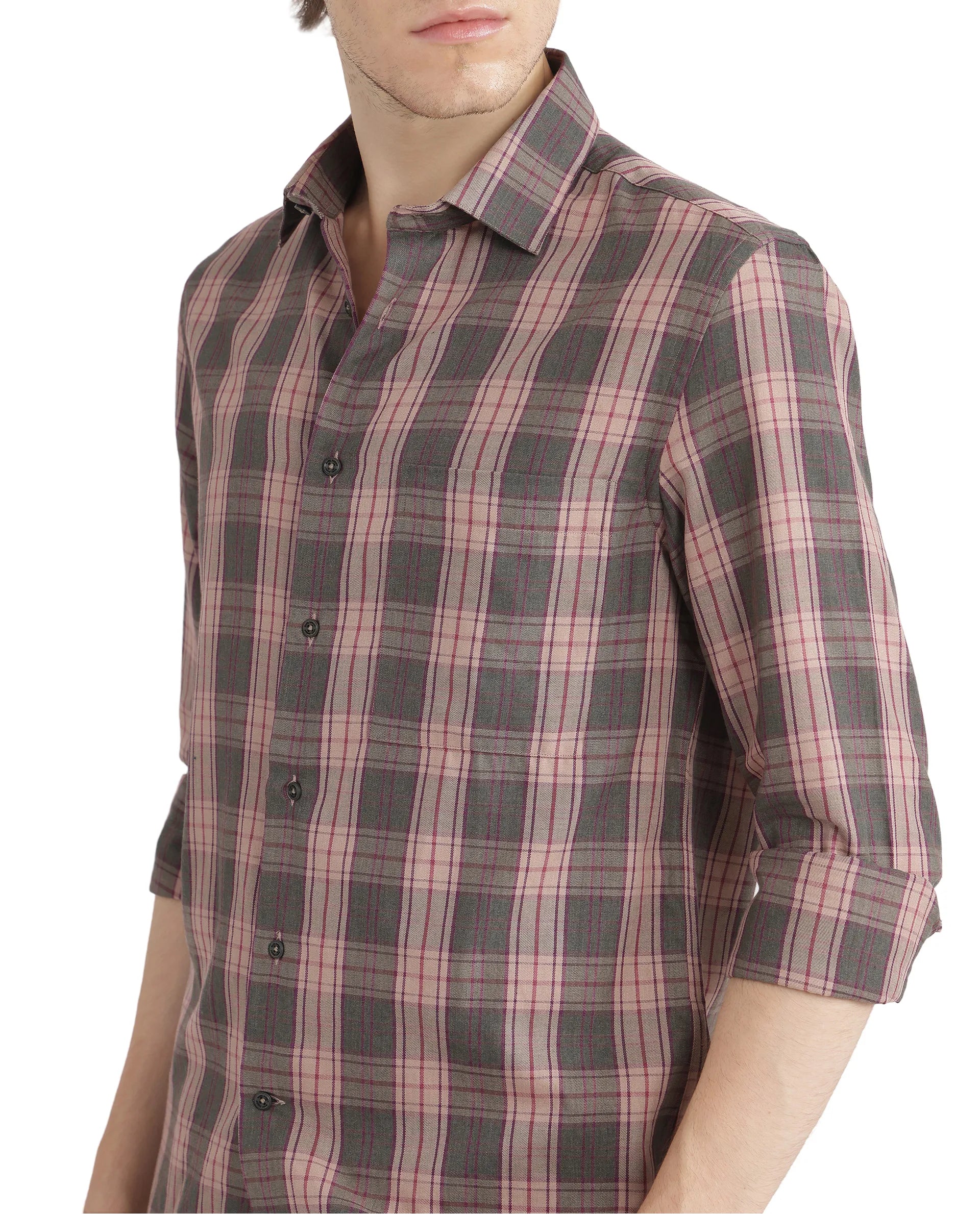 Rare Rabbit Men's Zamb Olive Cotton Fabric Full Sleeve Oversized Fit Graphic Back Print Checks Shirt