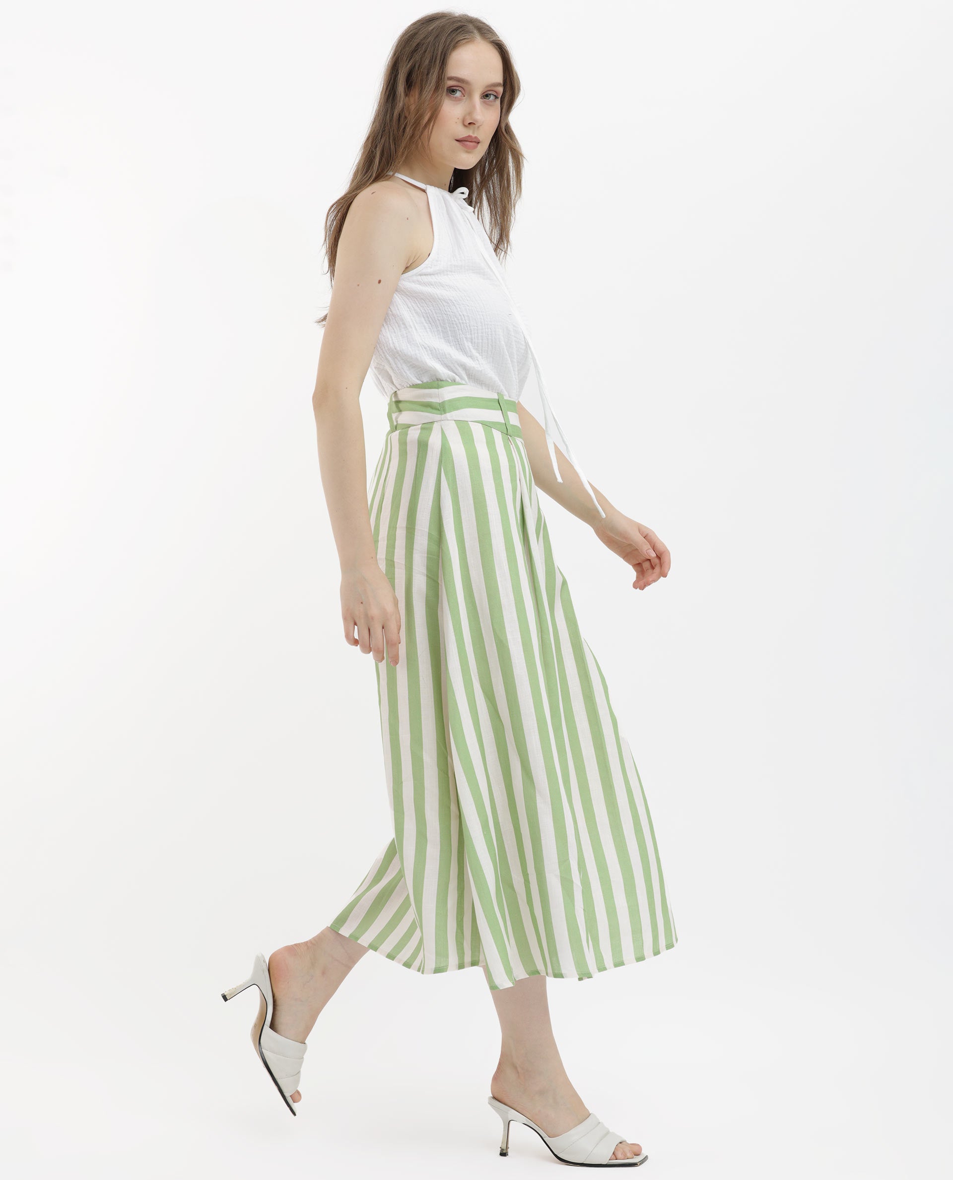 Rareism Women's Zame-B Off White Linen Striped Midi A-Line Skirt