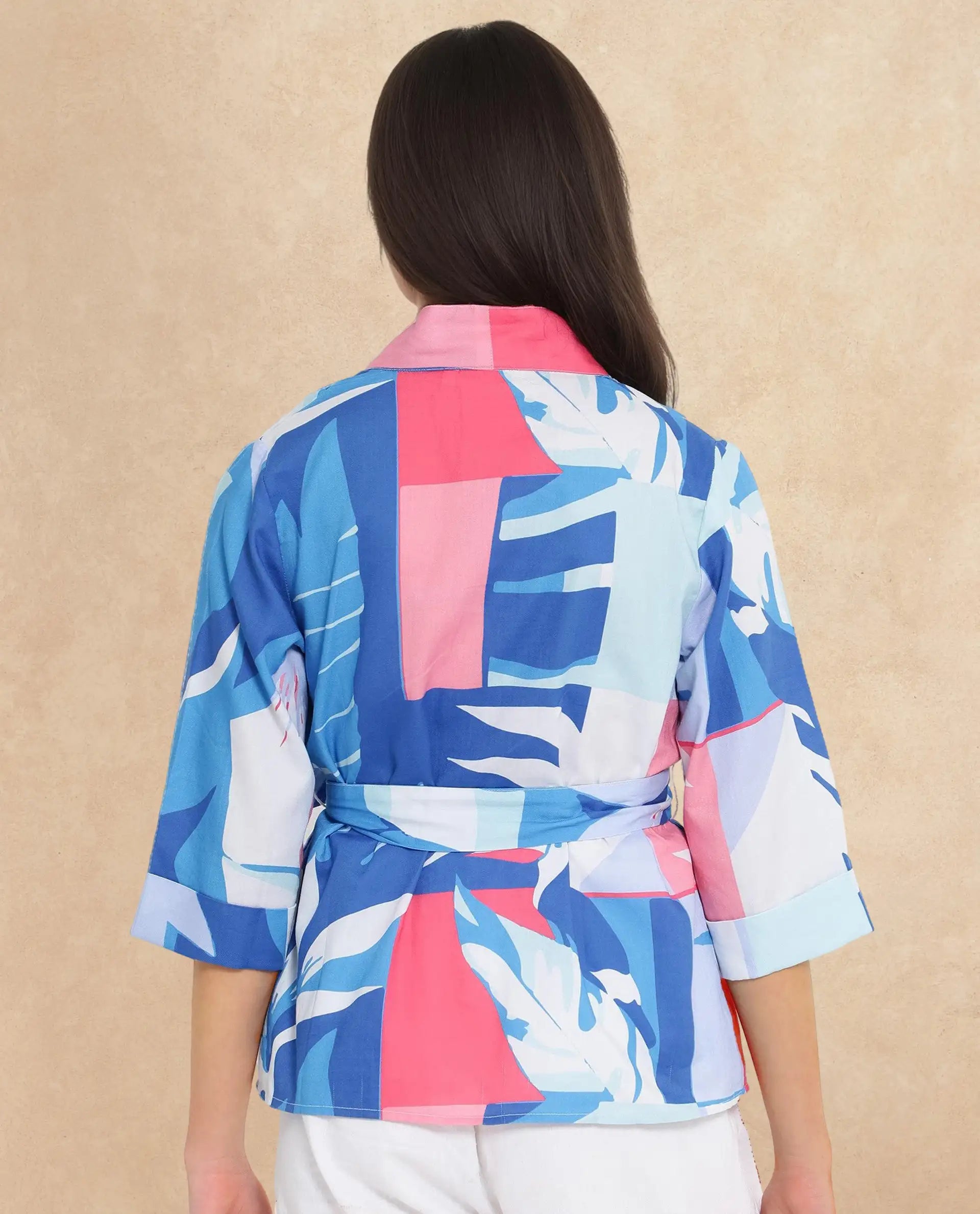 Rareism Women Zamo Blue 3/4Th Sleeve Over Lap Neck Abstract Print Top