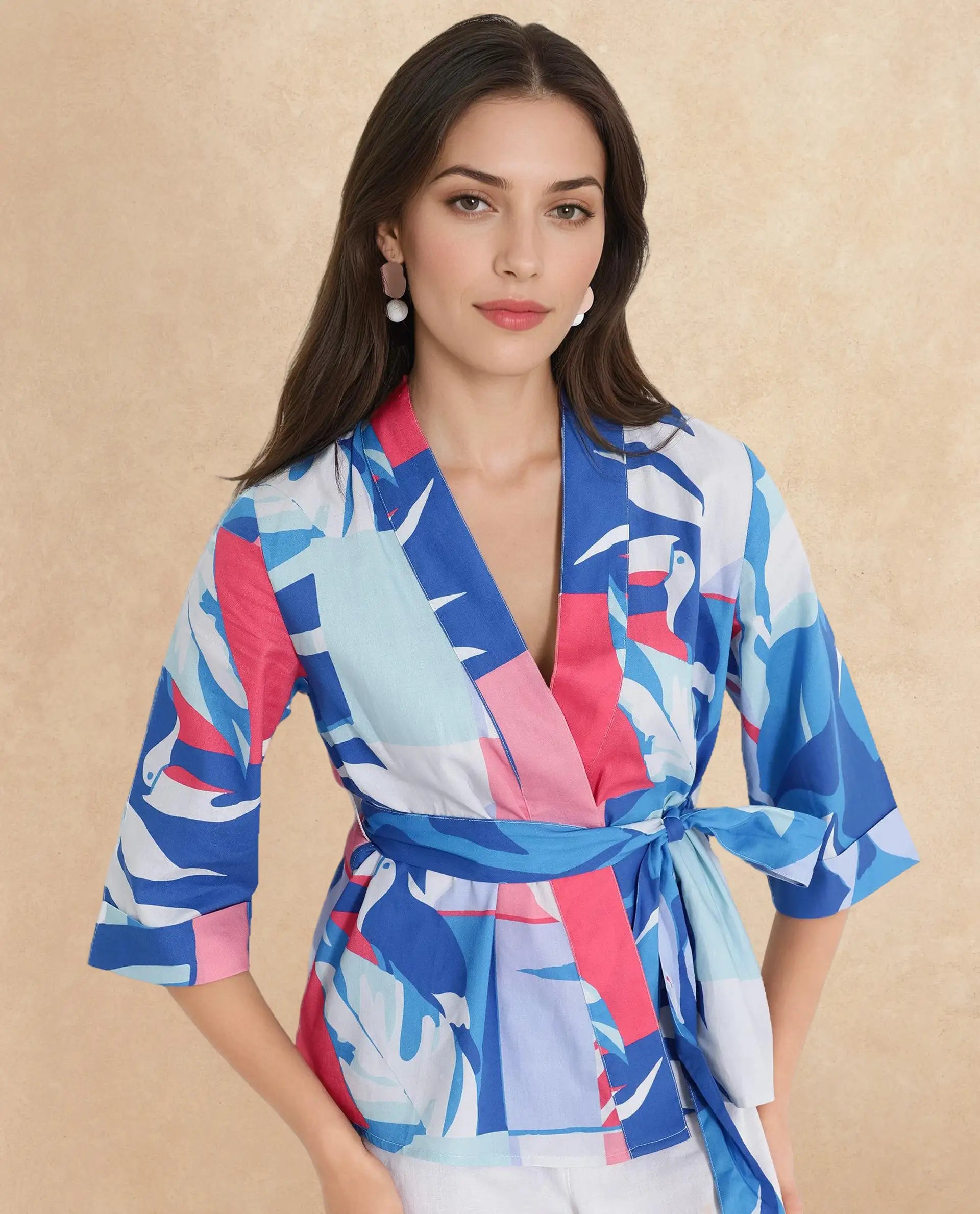 Rareism Women Zamo Blue 3/4Th Sleeve Over Lap Neck Abstract Print Top