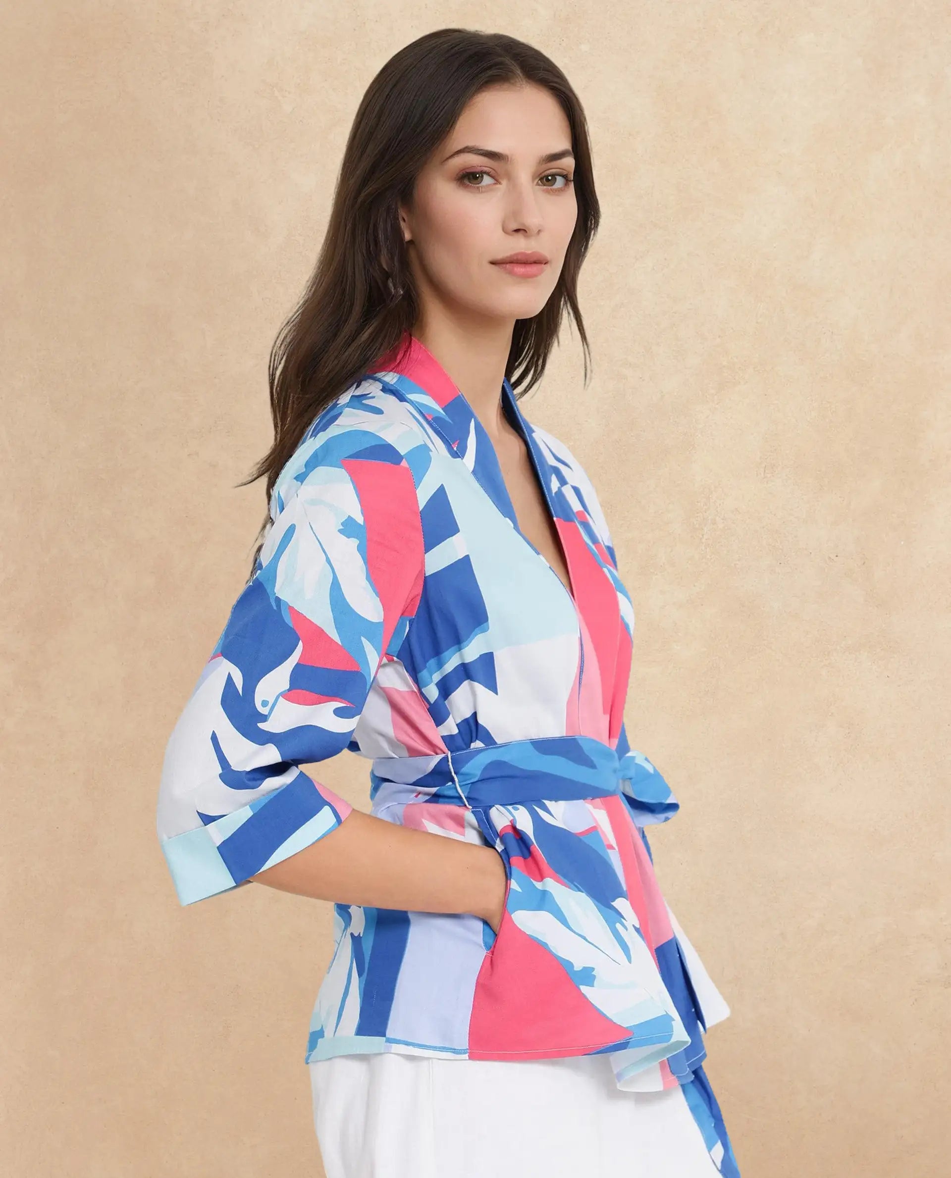 Rareism Women Zamo Blue 3/4Th Sleeve Over Lap Neck Abstract Print Top