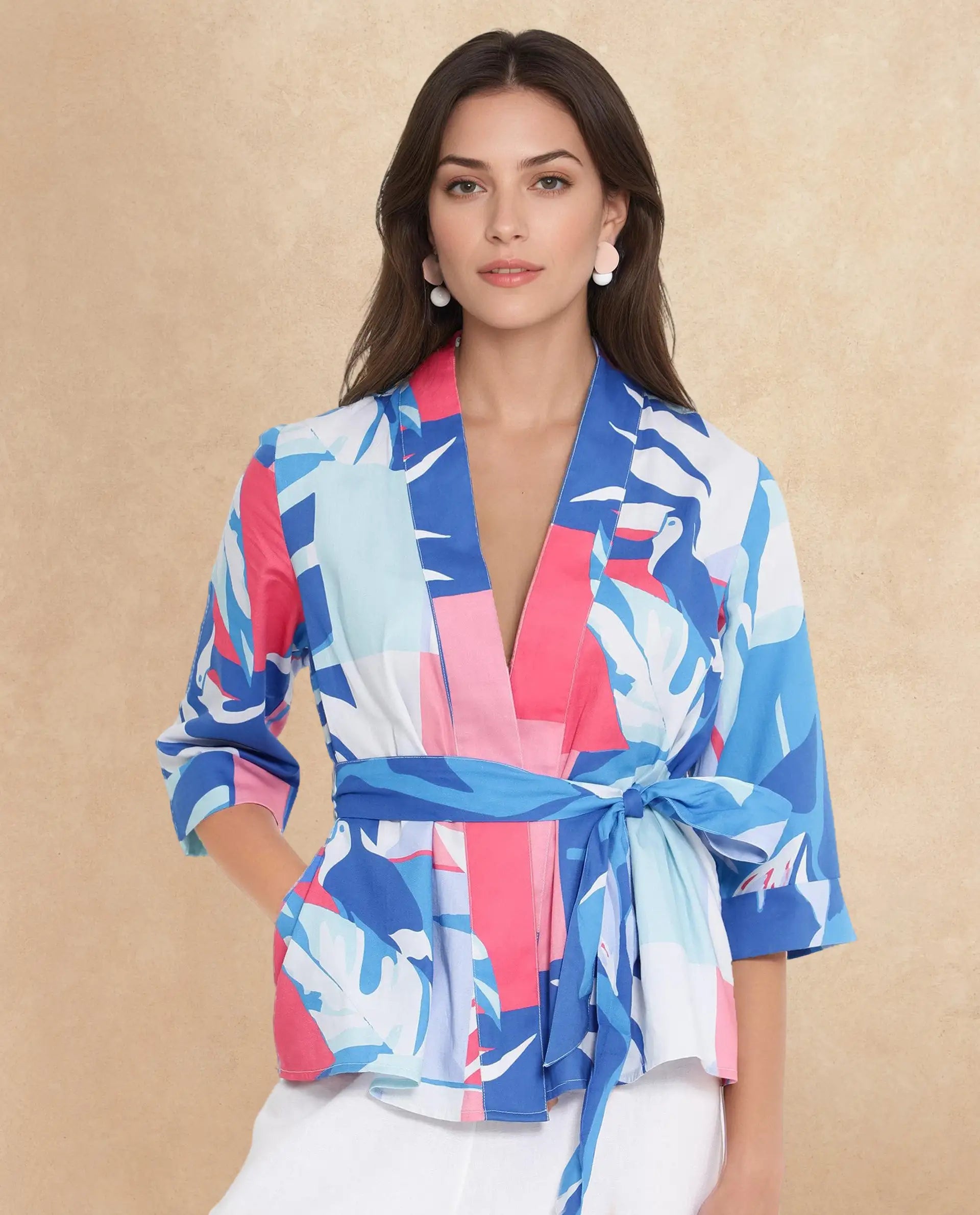 Rareism Women Zamo Blue 3/4Th Sleeve Over Lap Neck Abstract Print Top