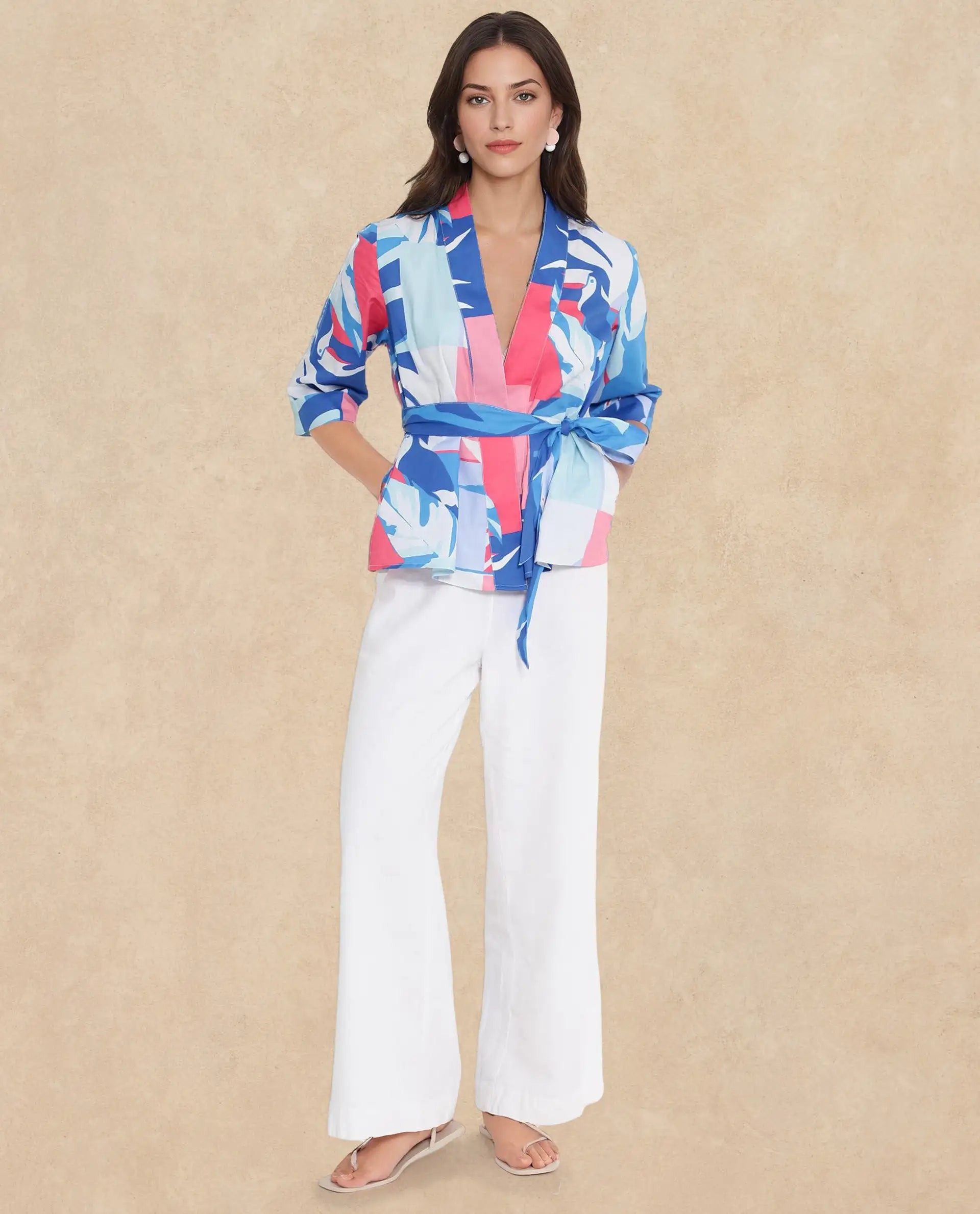 Rareism Women Zamo Blue 3/4Th Sleeve Over Lap Neck Abstract Print Top