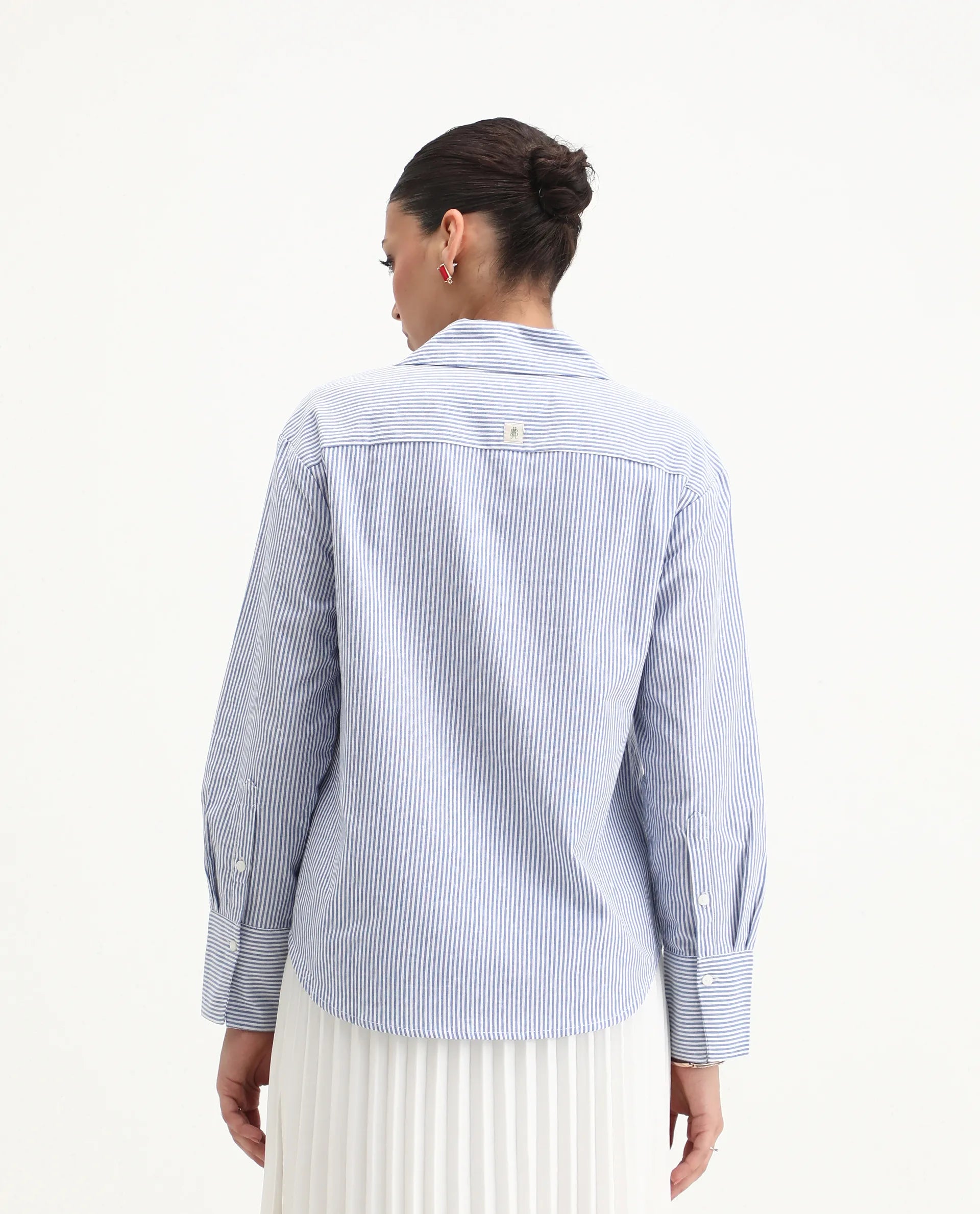 Rareism Women's Zamon Dark Blue Cotton Spread Collar Striped Cuffed Sleeve Regular Fit Shirt