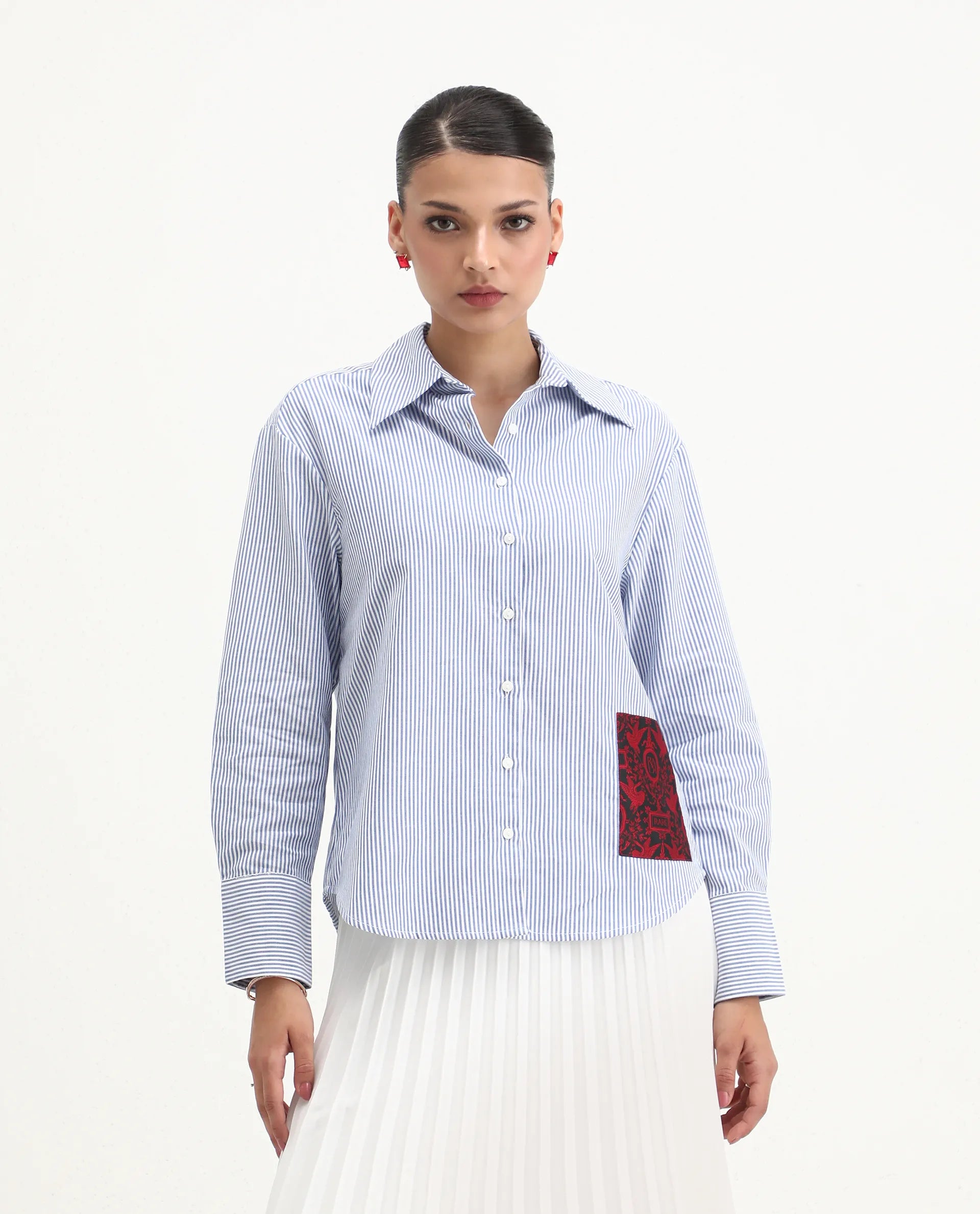 Rareism Women's Zamon Dark Blue Cotton Spread Collar Striped Cuffed Sleeve Regular Fit Shirt