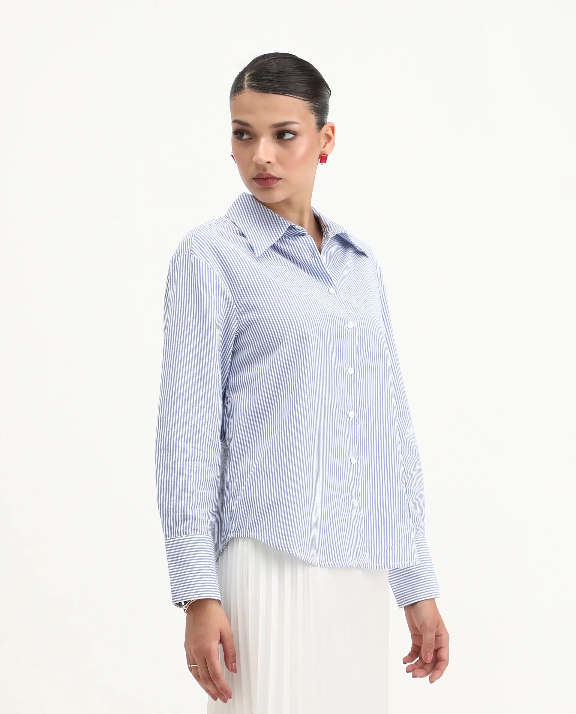 Rareism Women's Zamon Dark Blue Cotton Spread Collar Striped Cuffed Sleeve Regular Fit Shirt