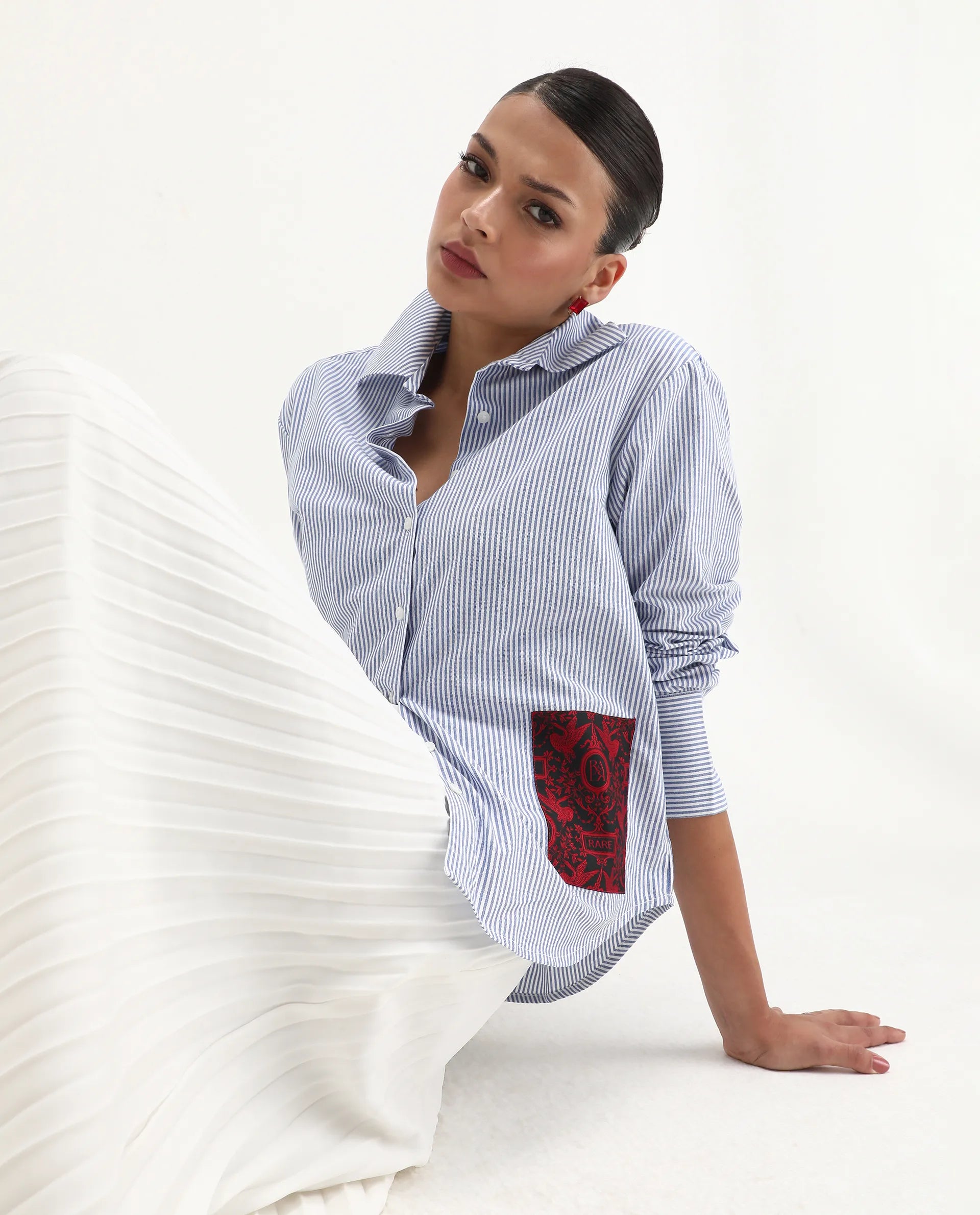 Rareism Women's Zamon Dark Blue Cotton Spread Collar Striped Cuffed Sleeve Regular Fit Shirt