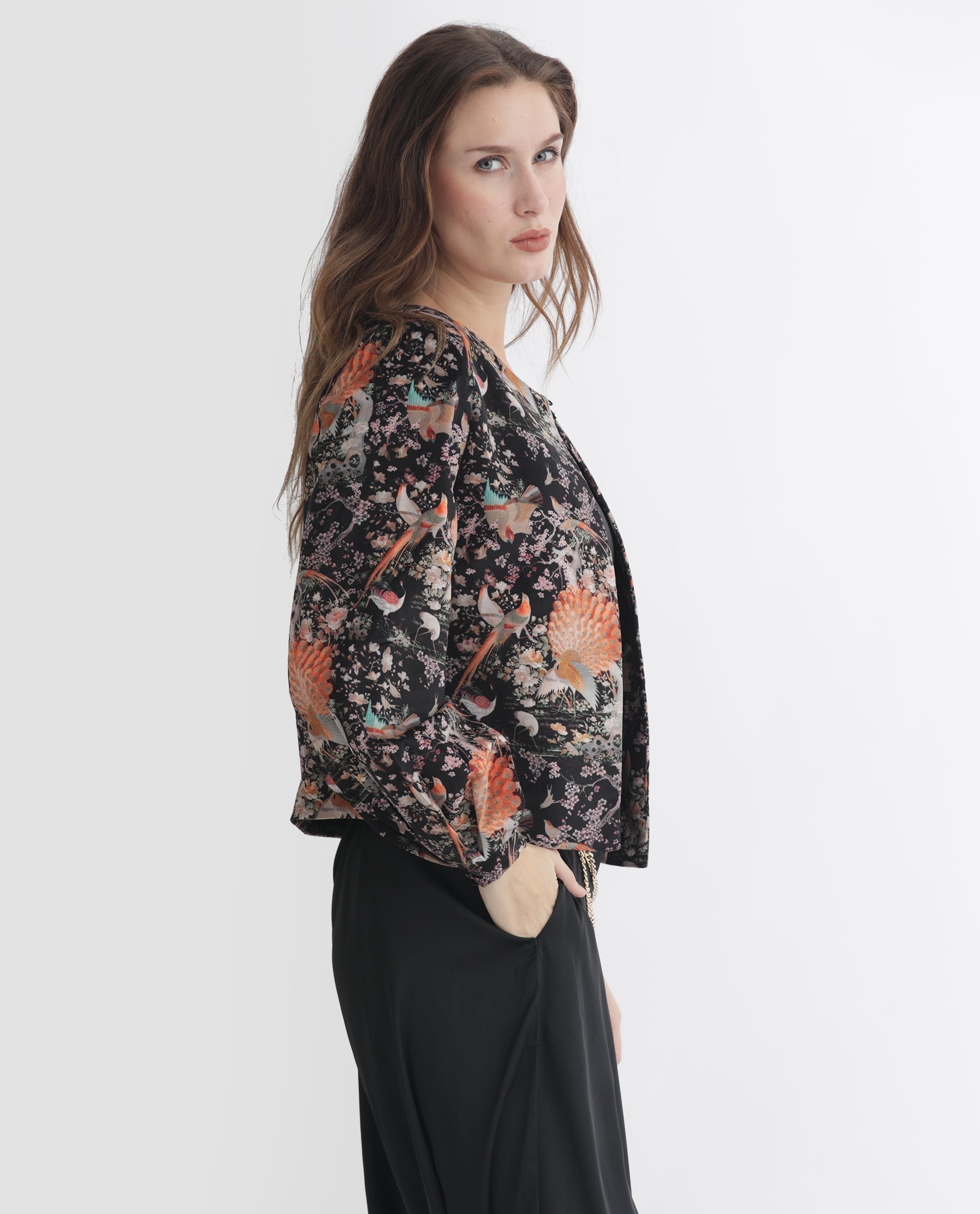 Rareism Women Zamp Black Velvet Full Sleeves Floral Print Collarless Shrug
