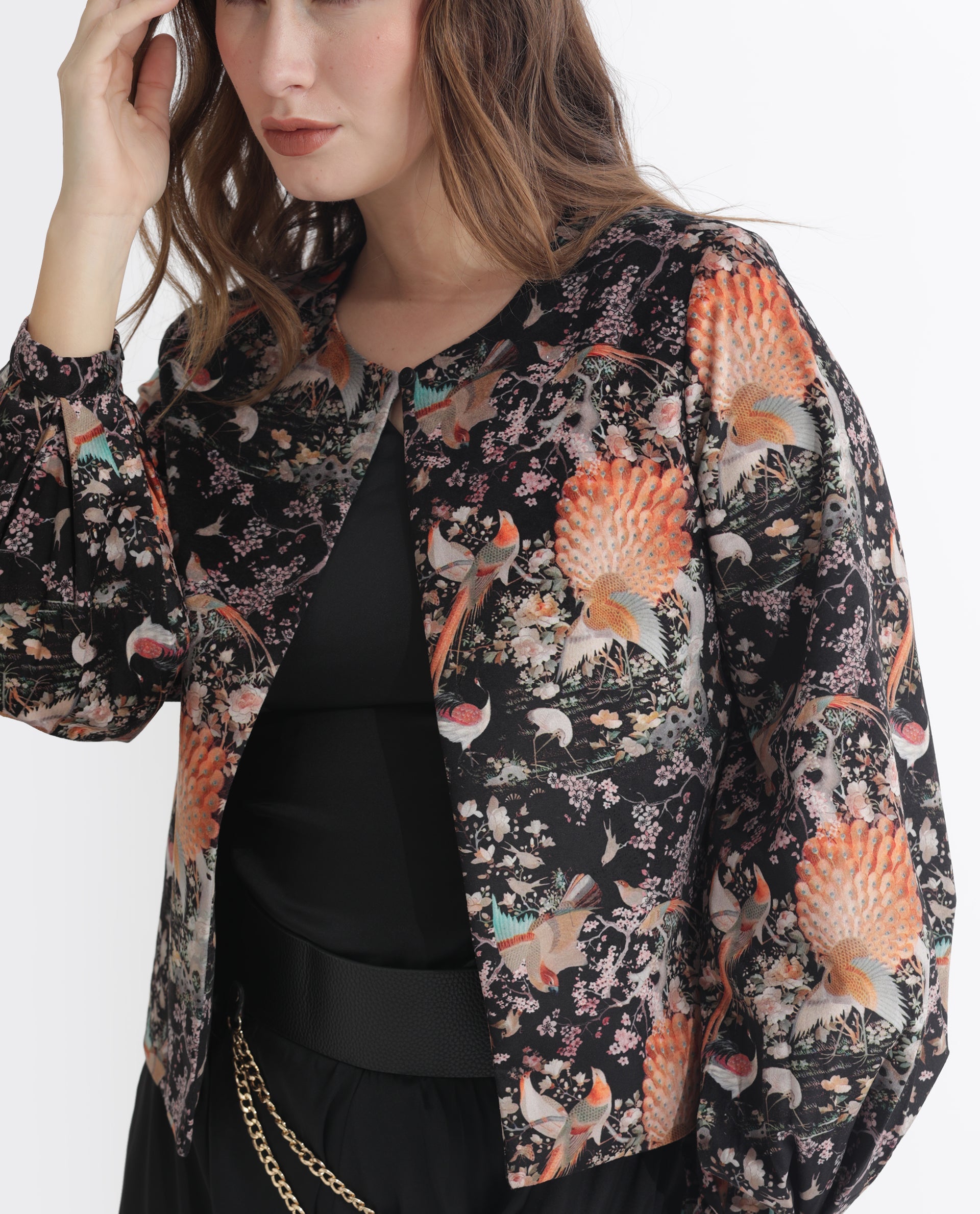Rareism Women Zamp Black Velvet Full Sleeves Floral Print Collarless Shrug