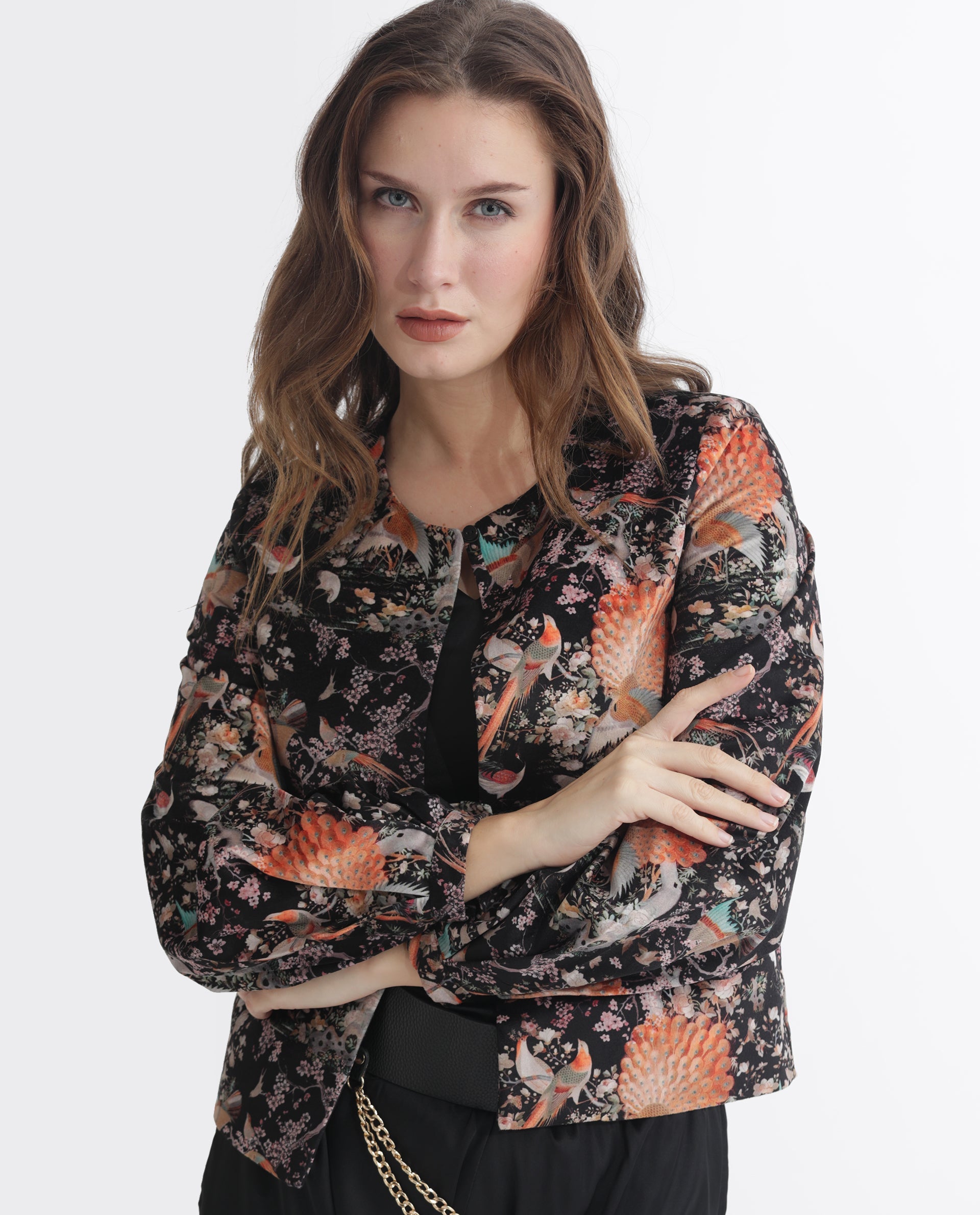 Rareism Women Zamp Black Velvet Full Sleeves Floral Print Collarless Shrug