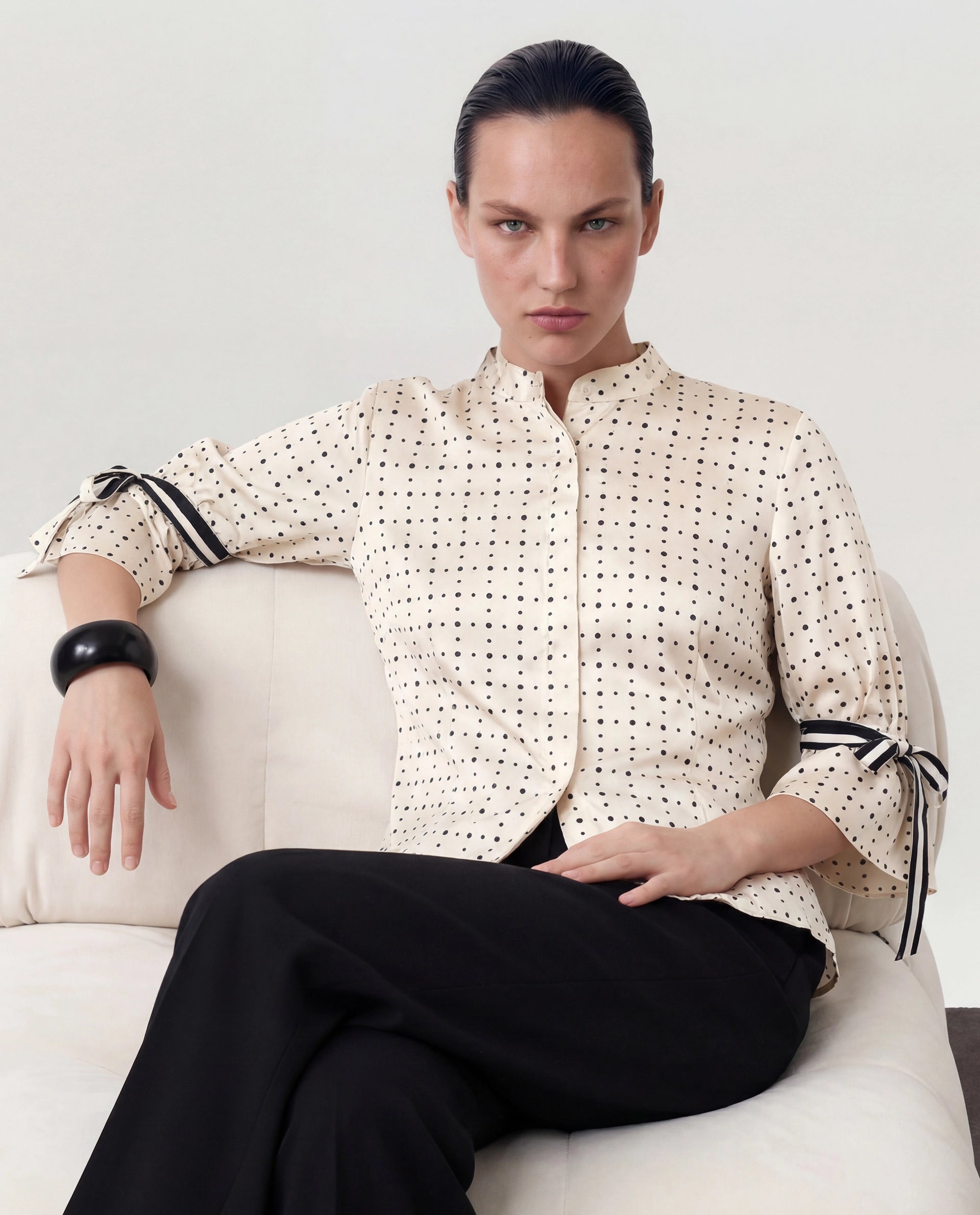 Rareism Women's Zanax Beige Polyester Mandarin Collar Polka Print Regular Fit Top