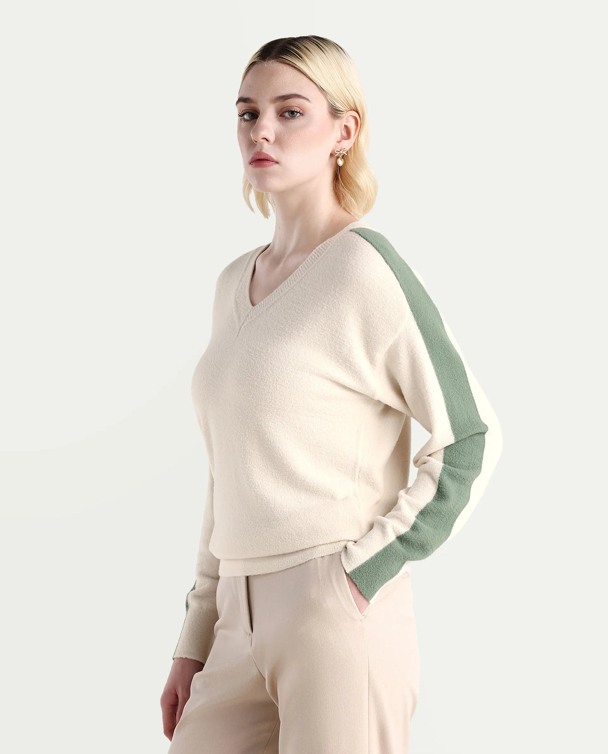 Rareism Women's Zander Off White Nylon V-Neck Relaxed Fit Plain Sweater