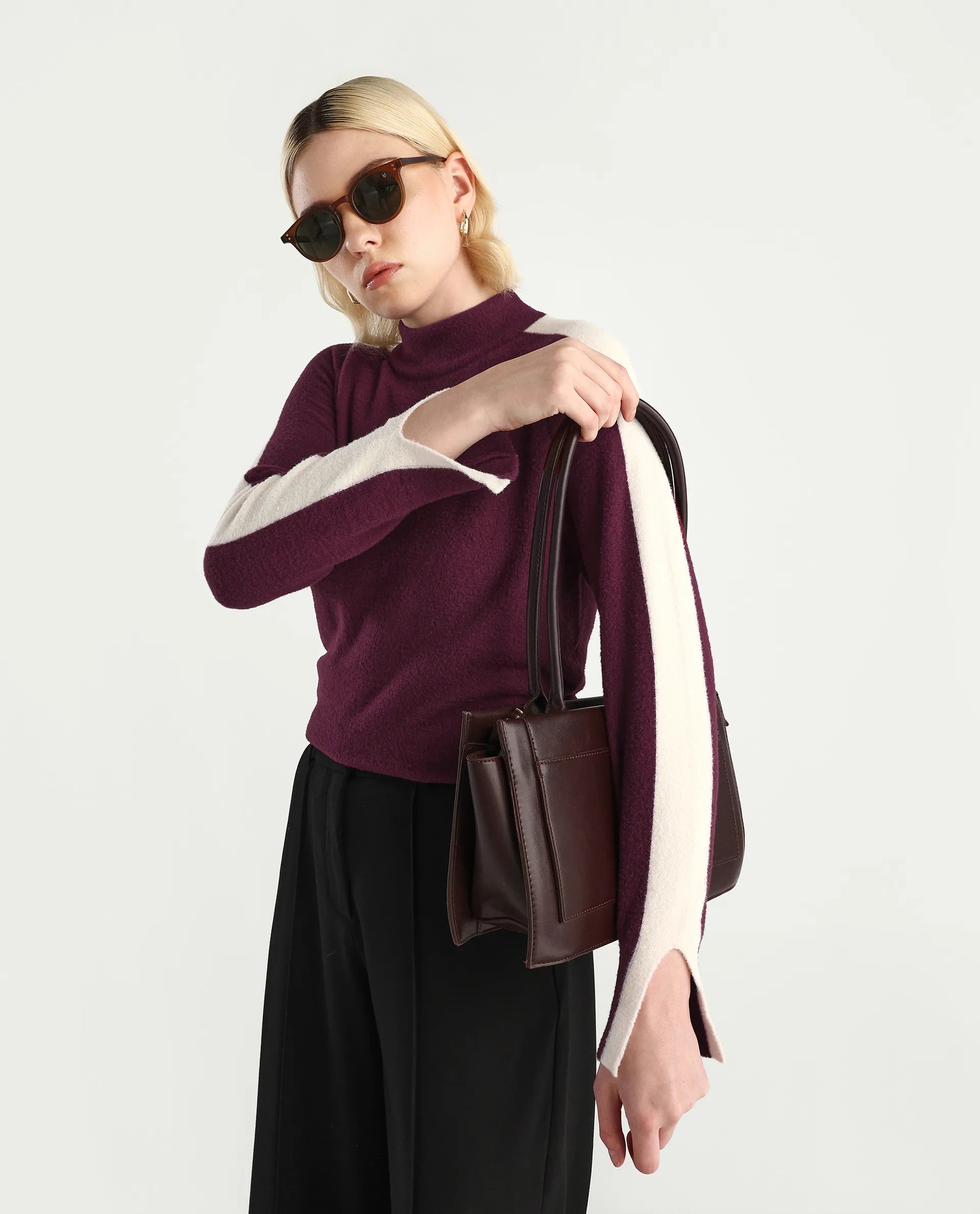 Rareism Women's Zanderyo Dark Maroon Nylon High Neck Relaxed Fit Sweater
