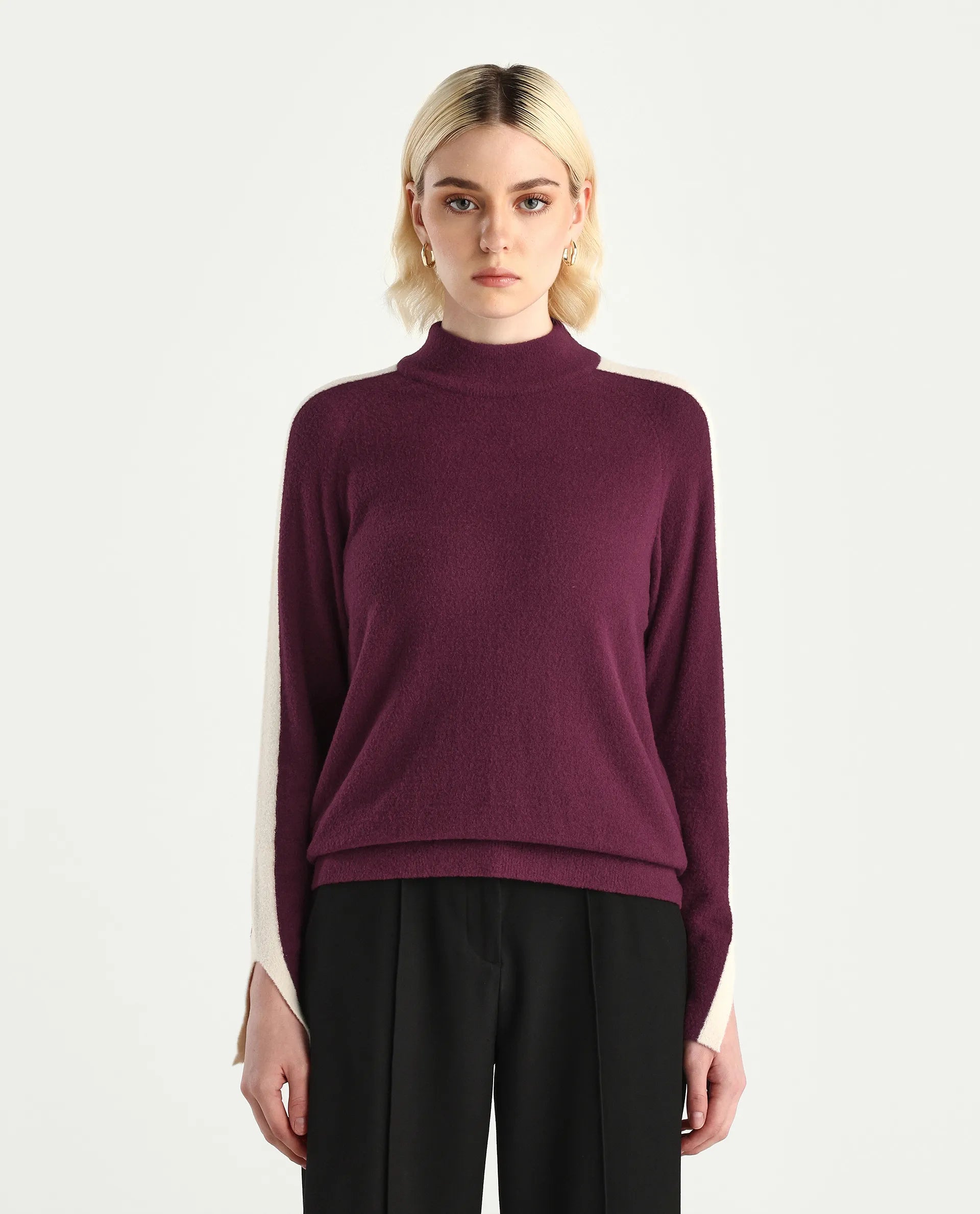 Rareism Women's Zanderyo Dark Maroon Nylon High Neck Relaxed Fit Sweater