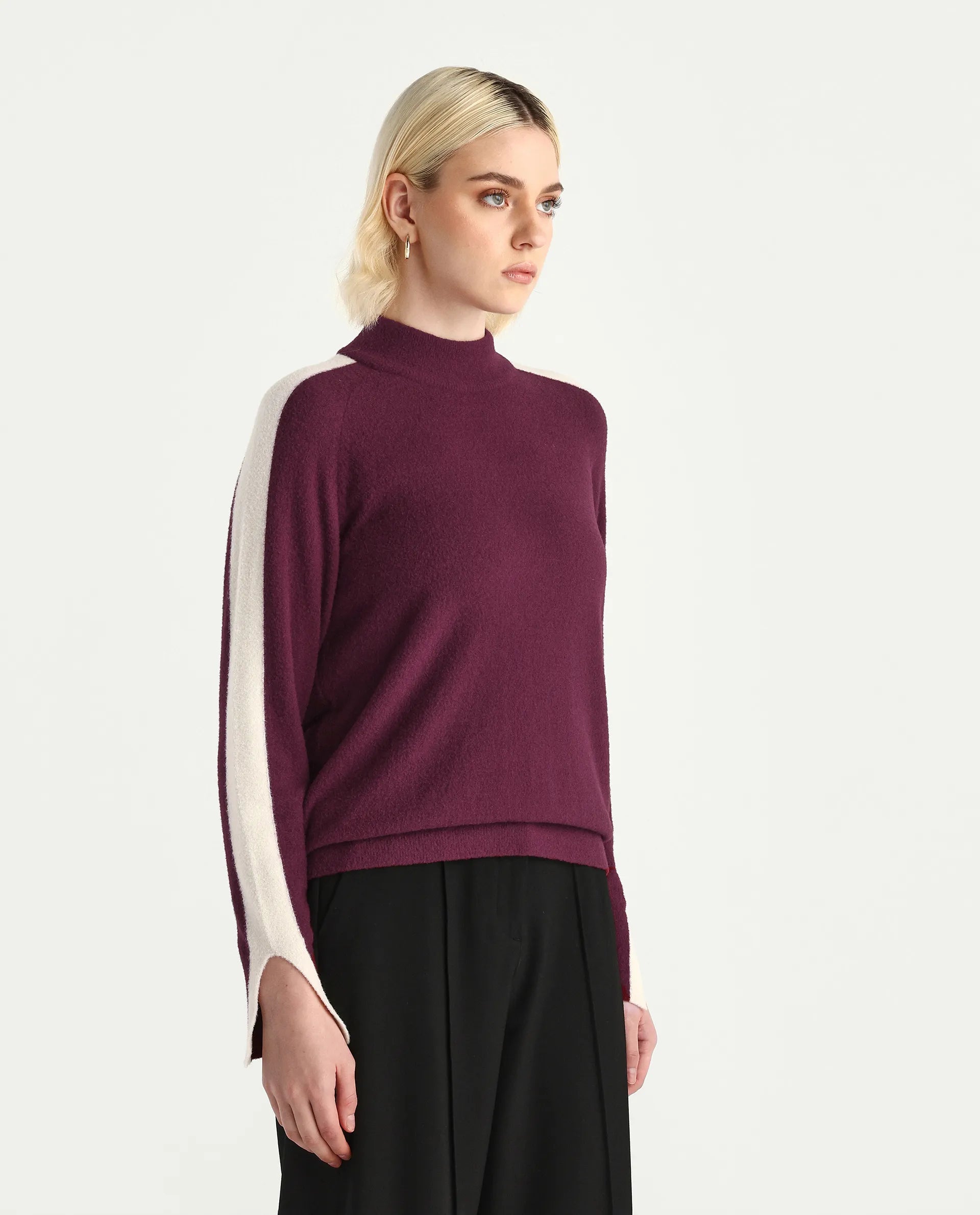 Rareism Women's Zanderyo Dark Maroon Nylon High Neck Relaxed Fit Sweater
