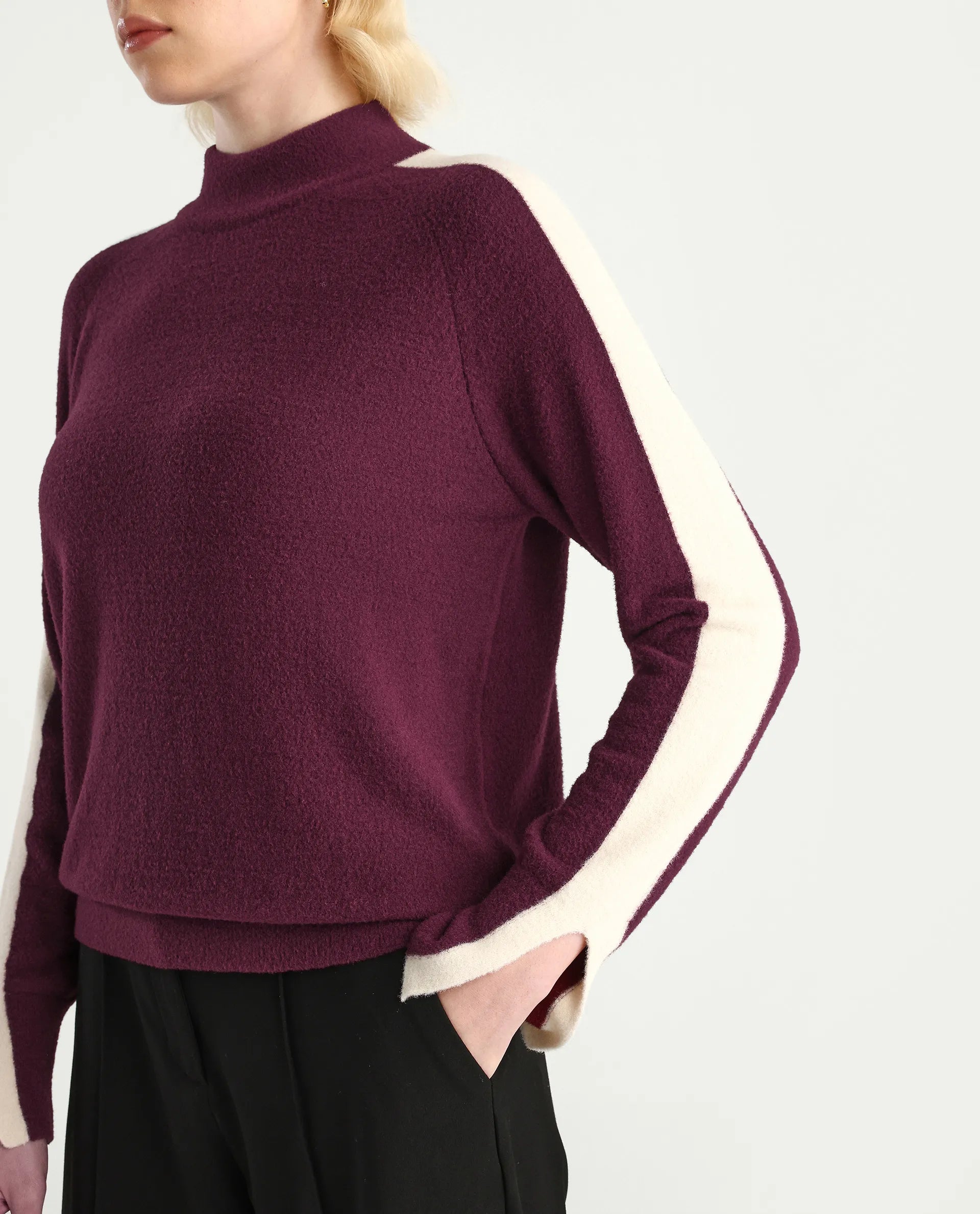 Rareism Women's Zanderyo Dark Maroon Nylon High Neck Relaxed Fit Sweater