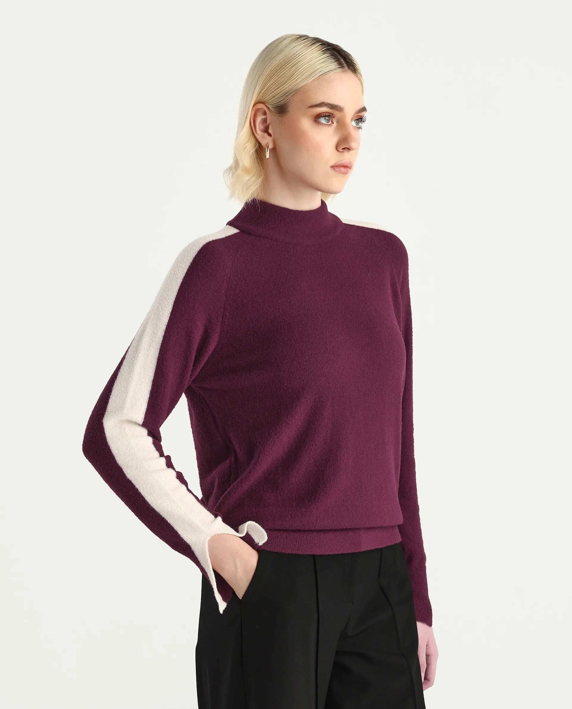 Rareism Women's Zanderyo Dark Maroon Nylon High Neck Relaxed Fit Sweater