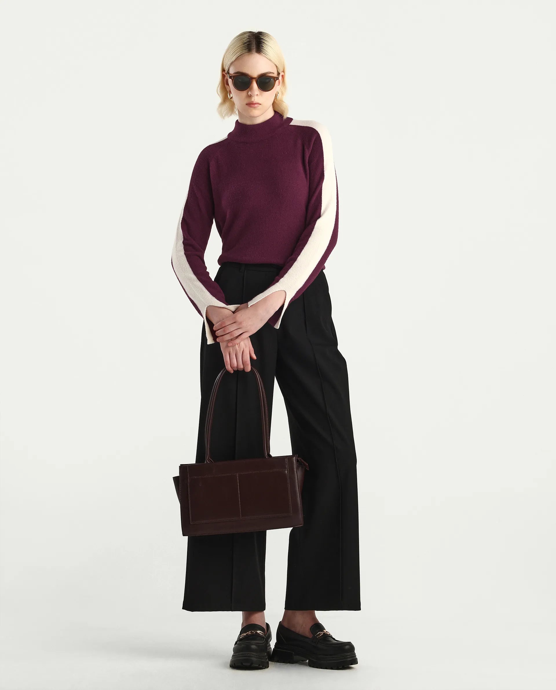 Rareism Women's Zanderyo Dark Maroon Nylon High Neck Relaxed Fit Sweater