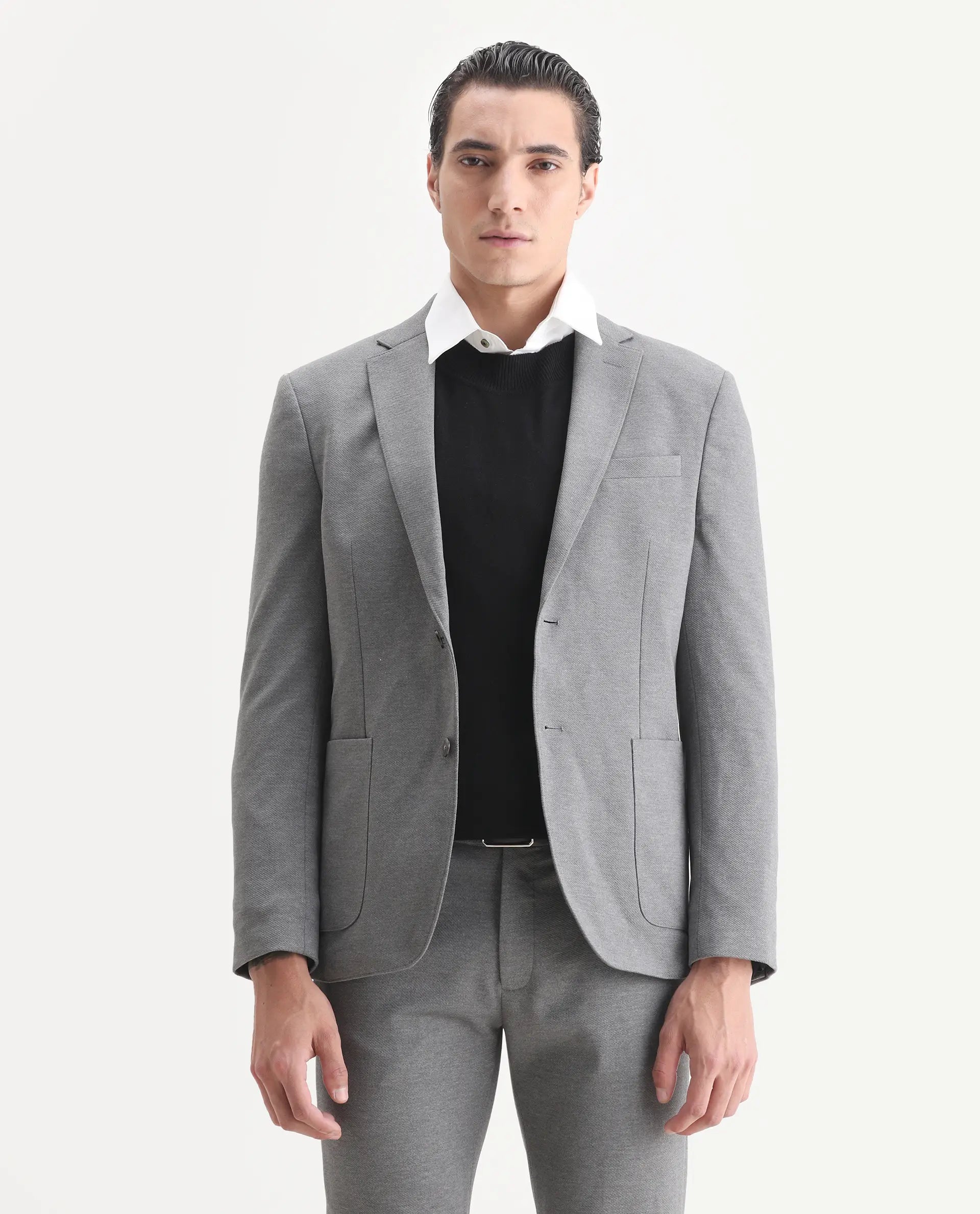 Rare Rabbit Men's Zandro Grey Polyester Plain Tailored Fit Full Sleeve Lapel Neck Suits