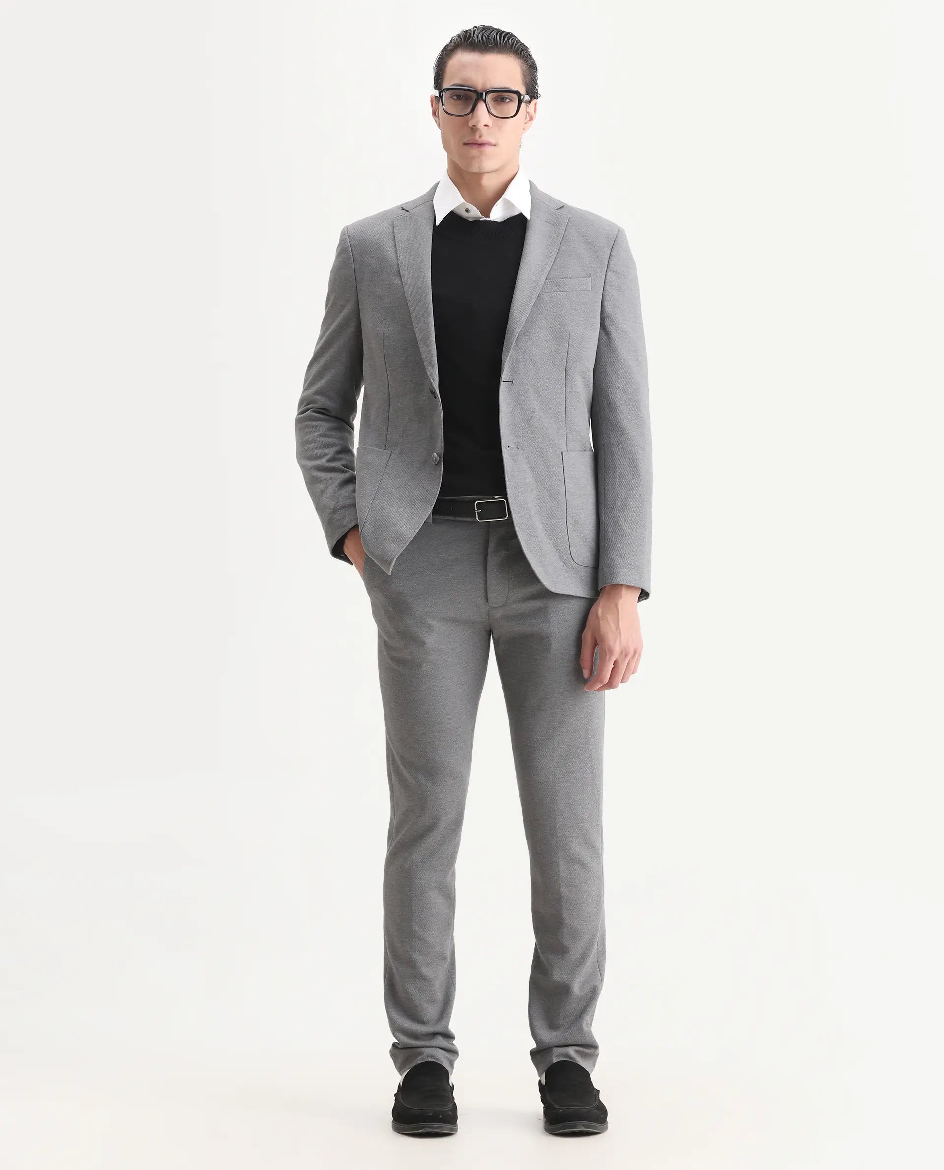 Rare Rabbit Men's Zandro Grey Polyester Plain Tailored Fit Full Sleeve Lapel Neck Suits