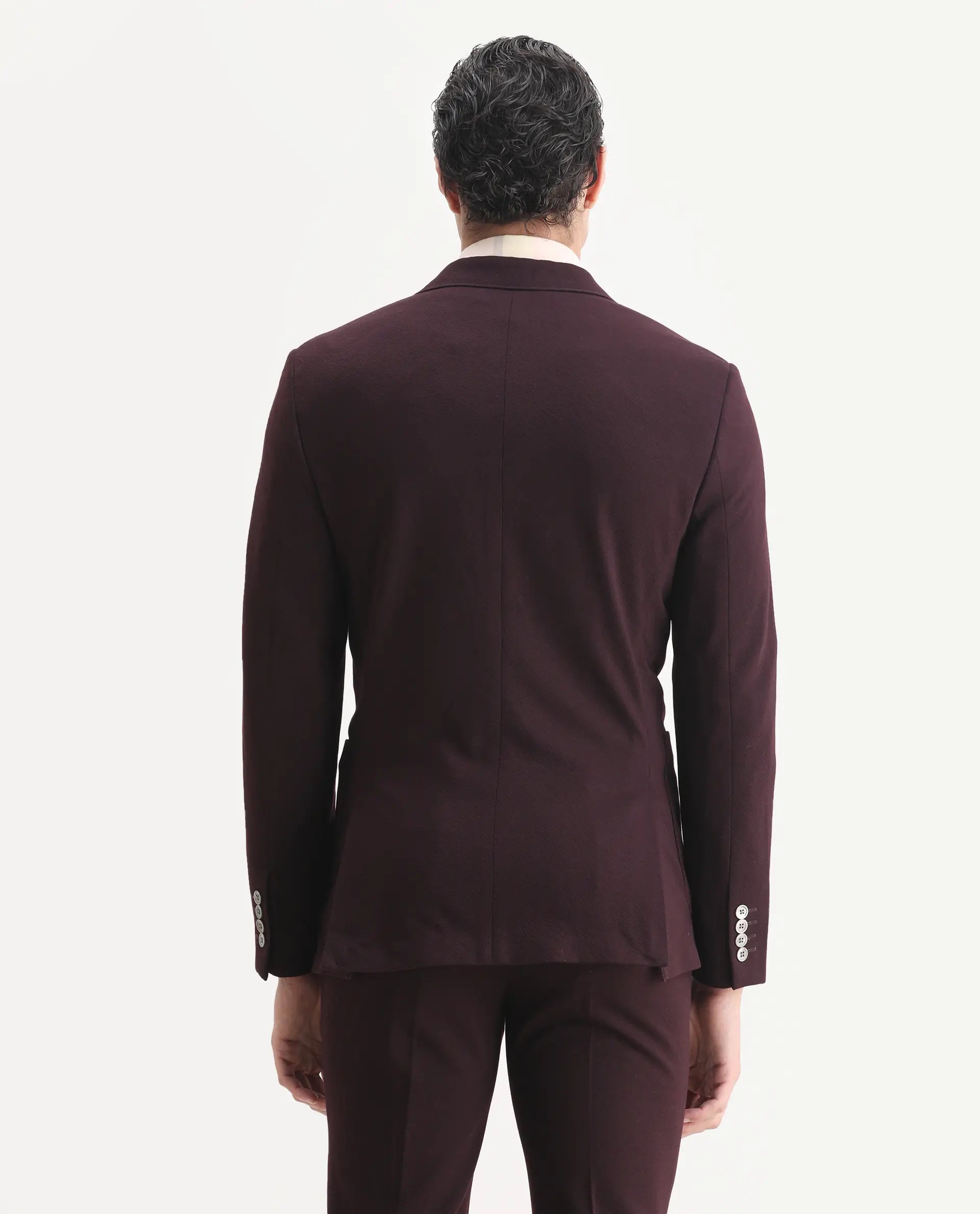 Rare Rabbit Men's Zandro Maroon Rayon Plain Tailored Fit Full Sleeve Lapel Neck Suits