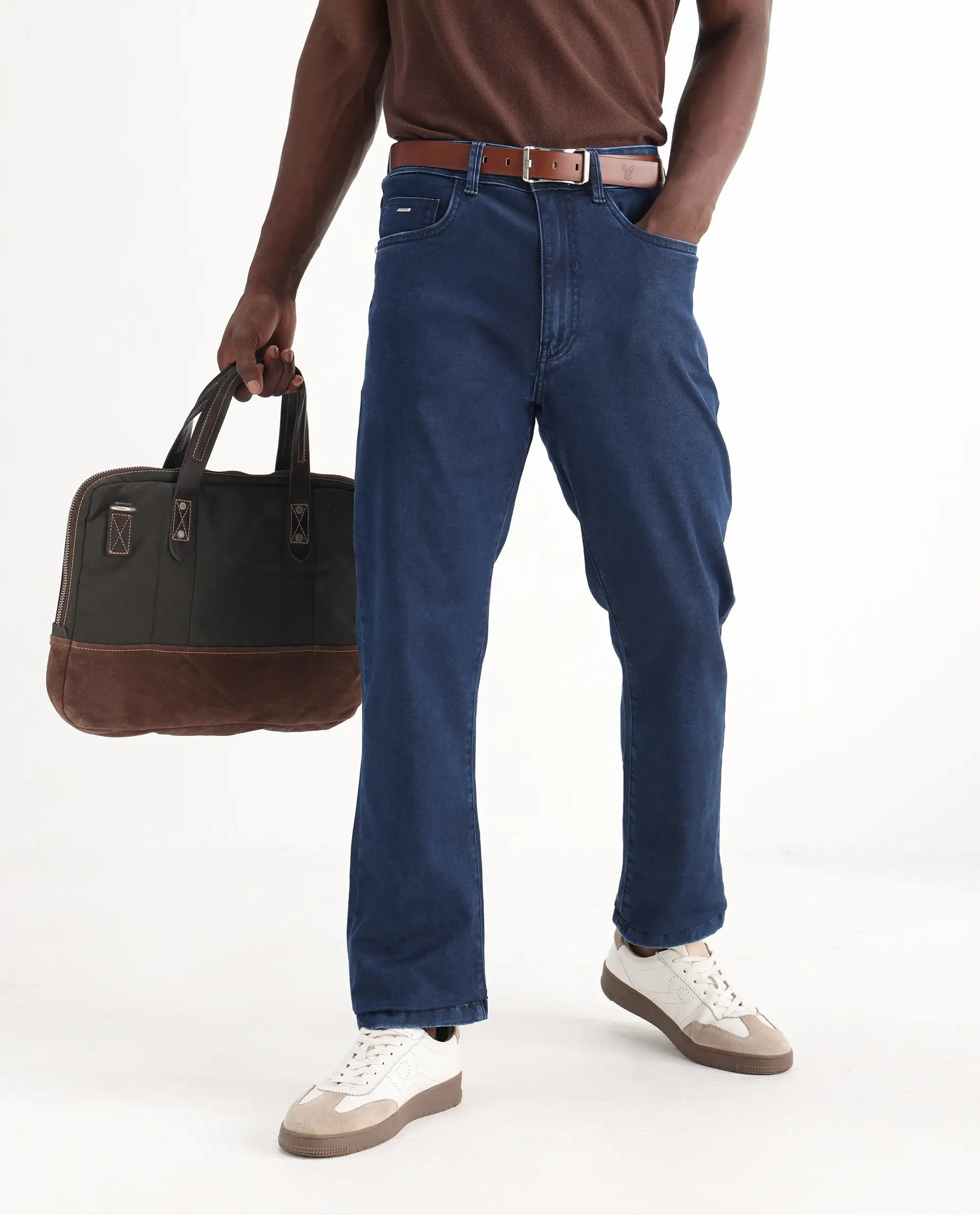 Rare Rabbit Men's Zane Dark Blue Cotton Plain Morris Regular Fit Jeans