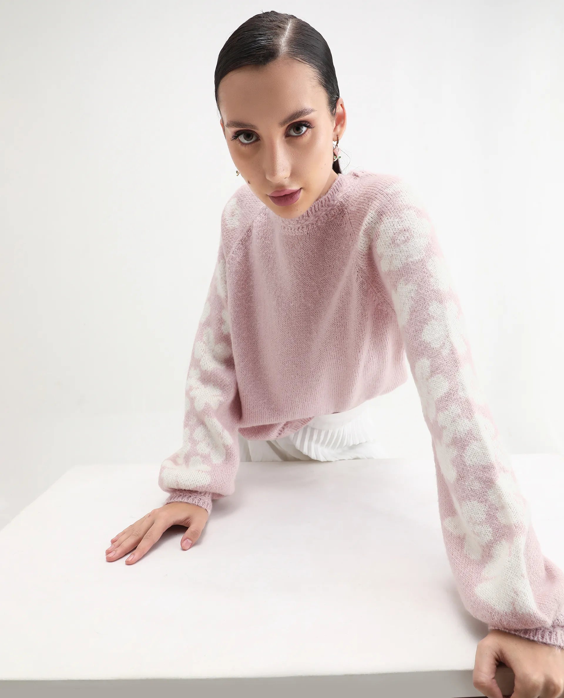 Rareism Women's Zane Light Pink Acrylic Blend Crew Neck Regular Fit Sweater