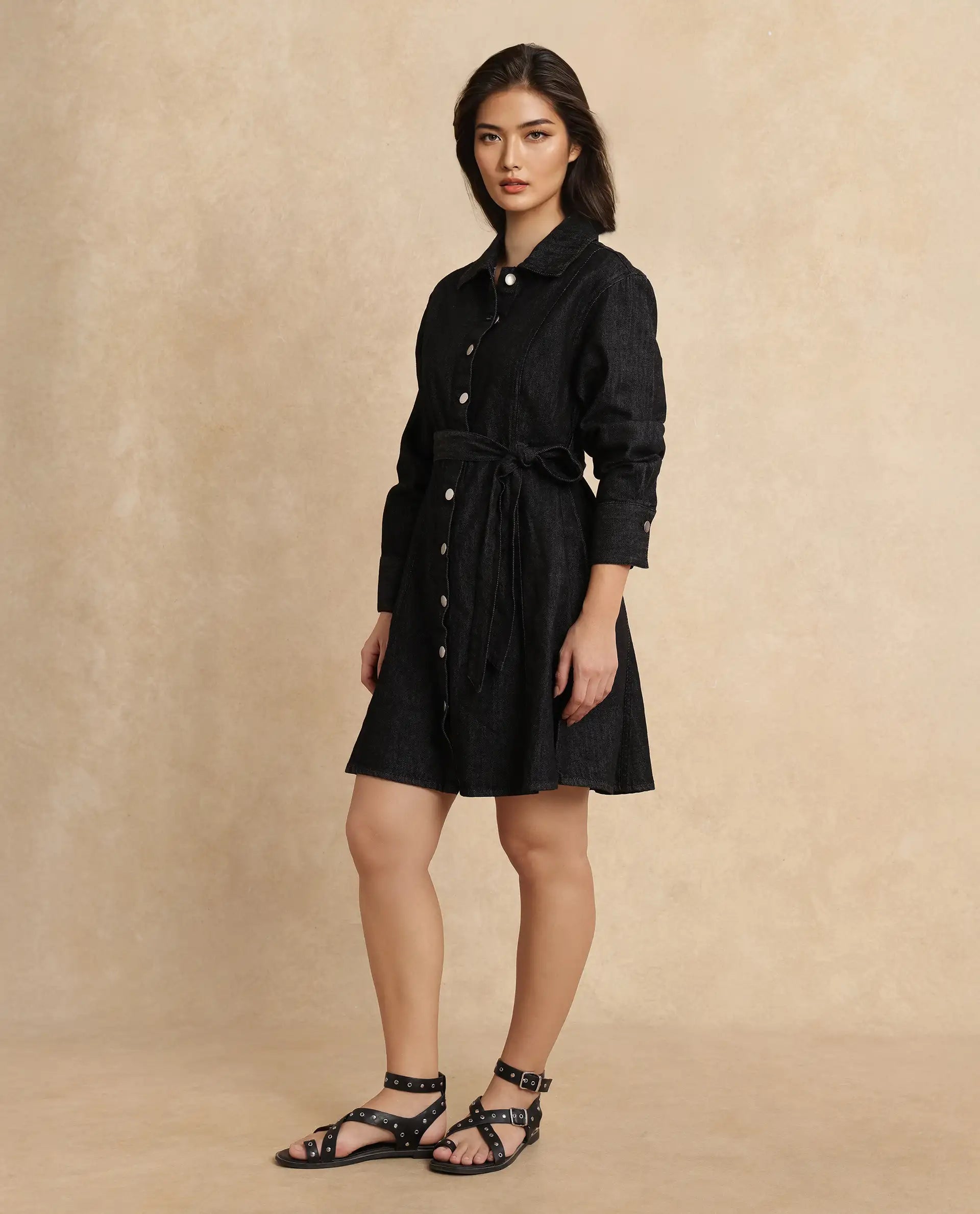Rareism Women Zang Black Cotton Fabric Full Sleeve Collared Neck A-line Fit Plain Denim Shirt Dress
