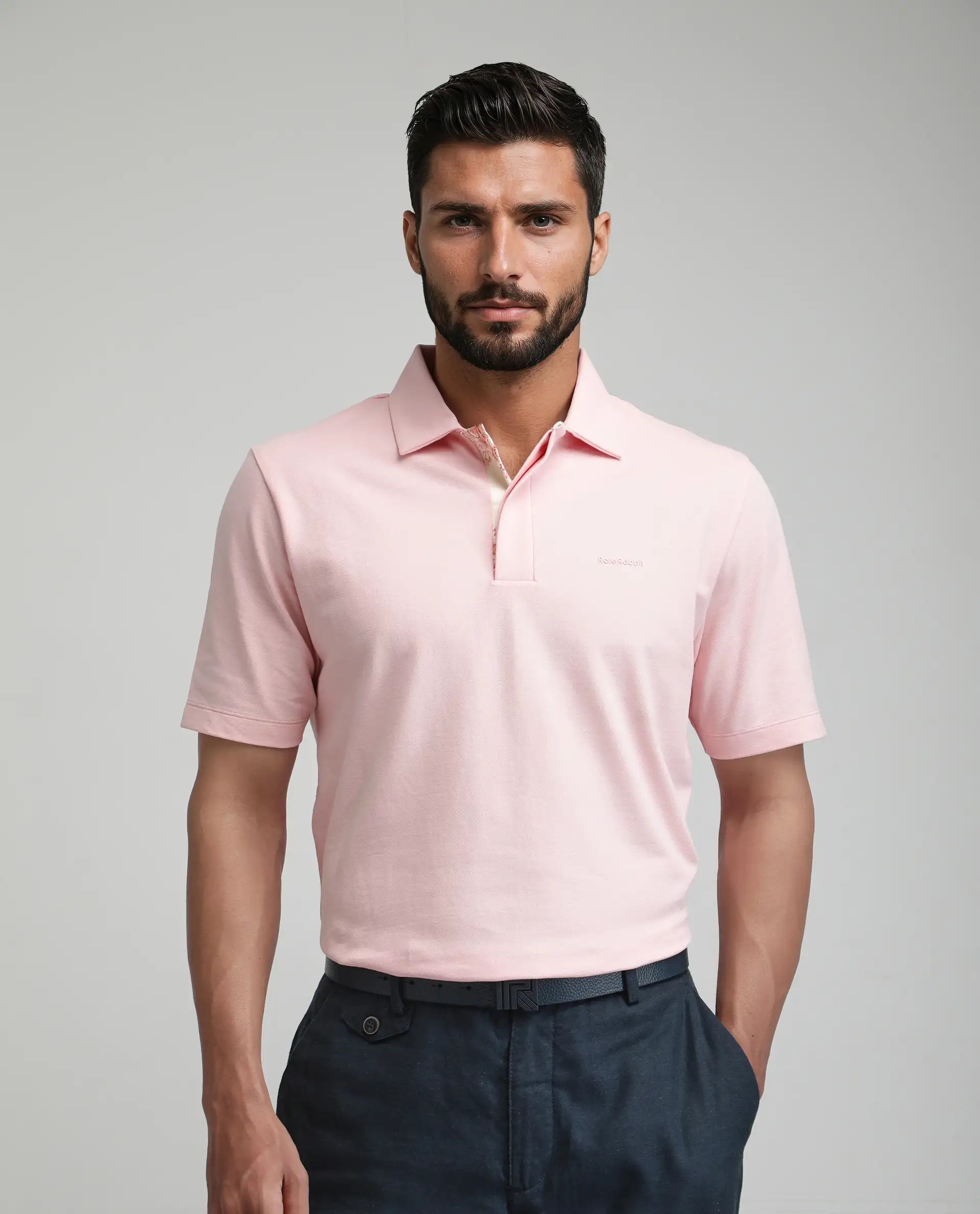 Rare Rabbit Men's Zeni-A25 Light Pink Cotton Blend Plain Regular Fit Half Sleeve Polo
