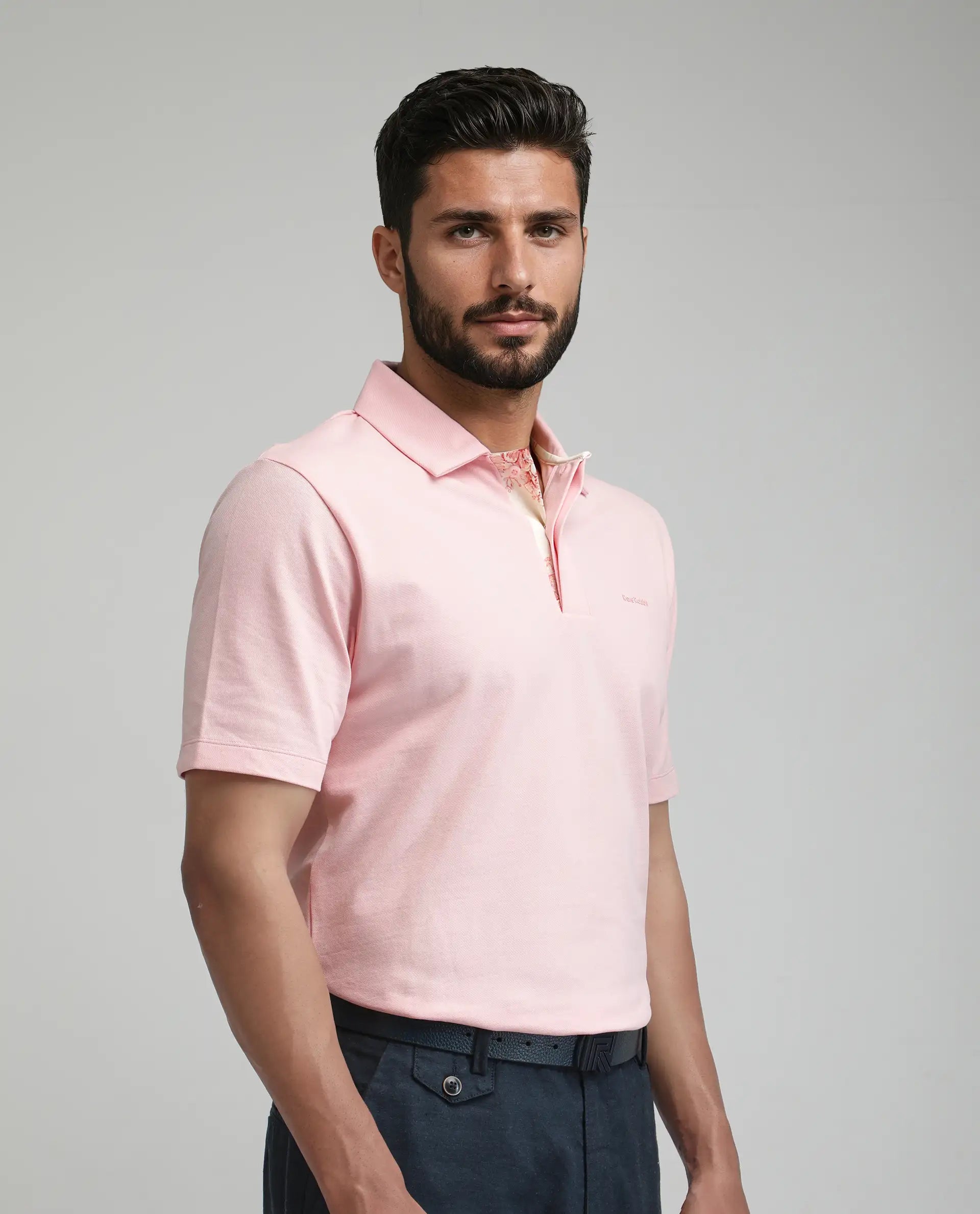 Rare Rabbit Men's Zeni-A25 Light Pink Cotton Blend Plain Regular Fit Half Sleeve Polo