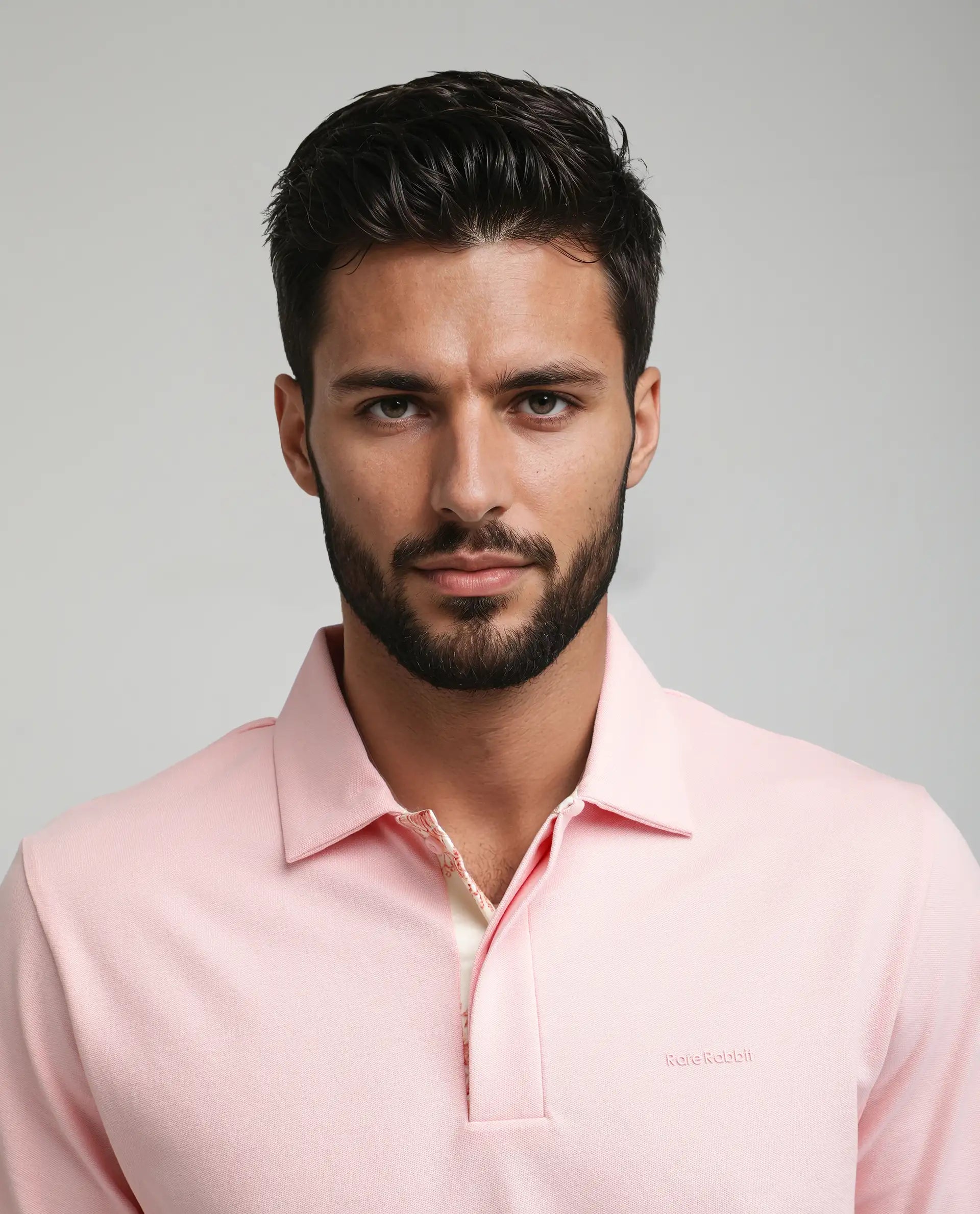 Rare Rabbit Men's Zeni-A25 Light Pink Cotton Blend Plain Regular Fit Half Sleeve Polo