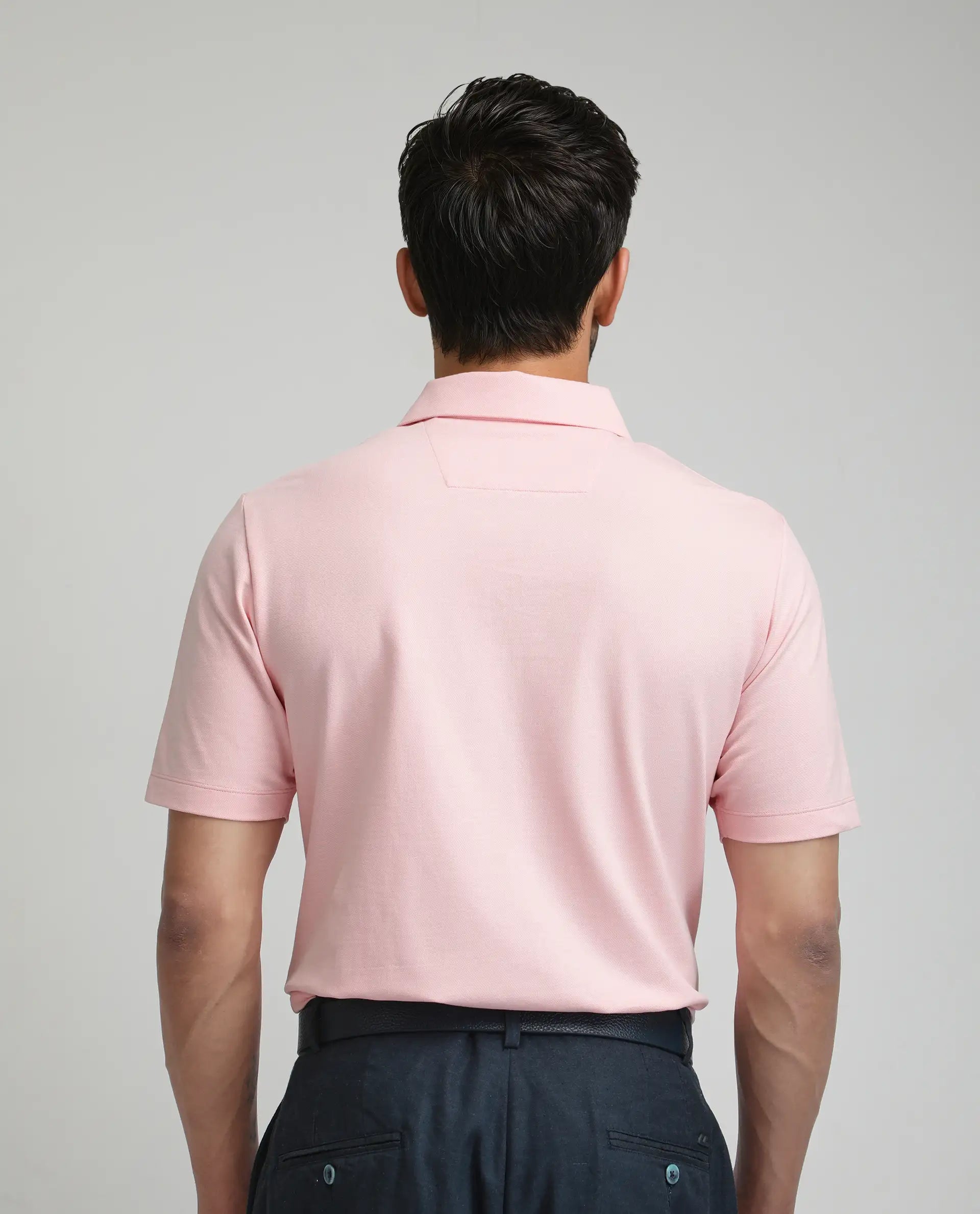 Rare Rabbit Men's Zeni-A25 Light Pink Cotton Blend Plain Regular Fit Half Sleeve Polo