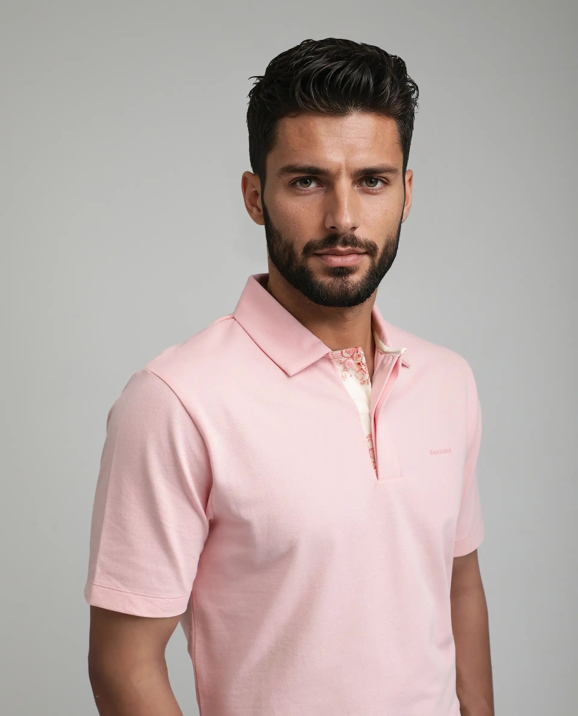 Rare Rabbit Men's Zeni-A25 Light Pink Cotton Blend Plain Regular Fit Half Sleeve Polo