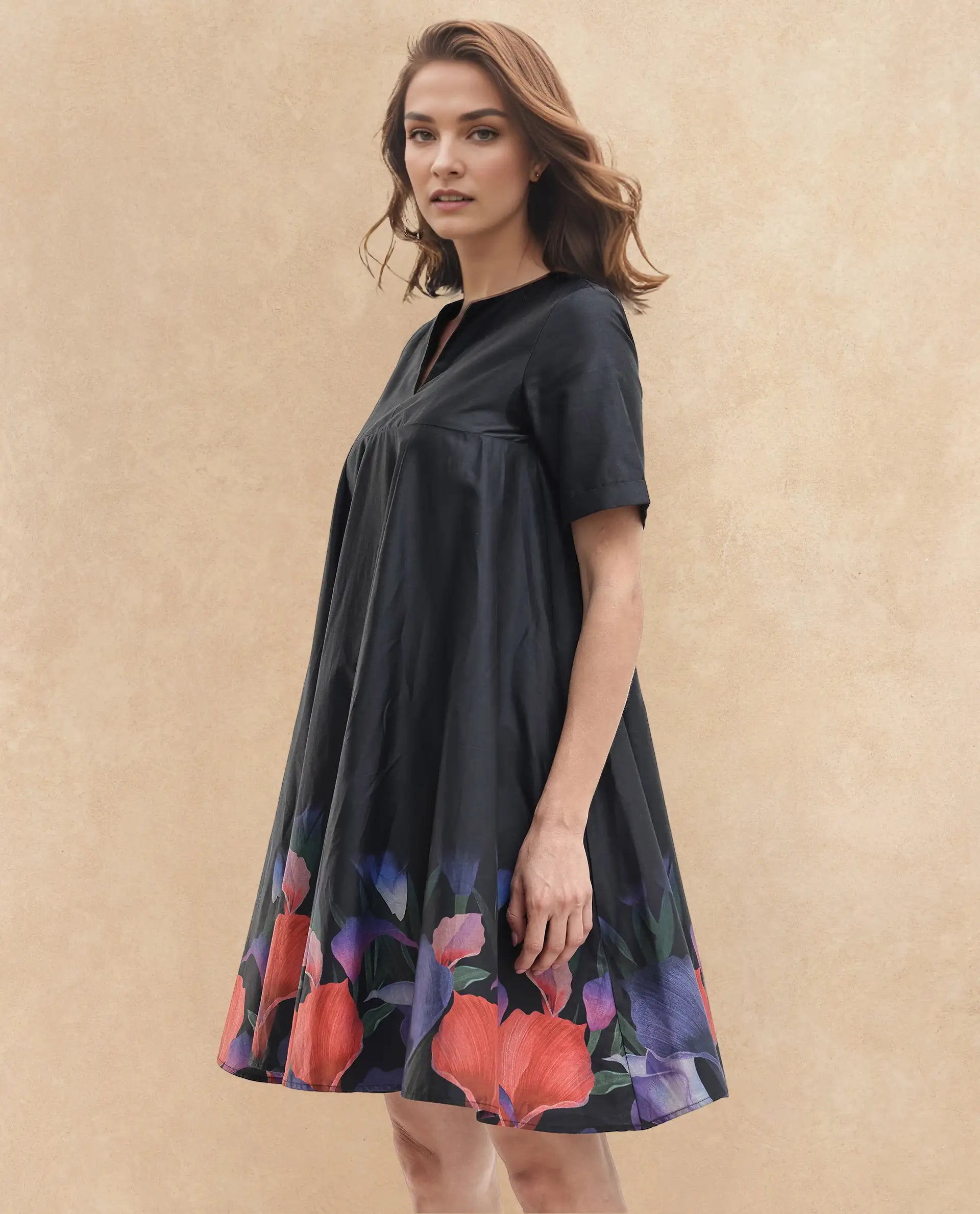 Rareism Women's Zapon Black Cotton Blend Crew Neck Floral Print Knee Length Fit And Flare Dress