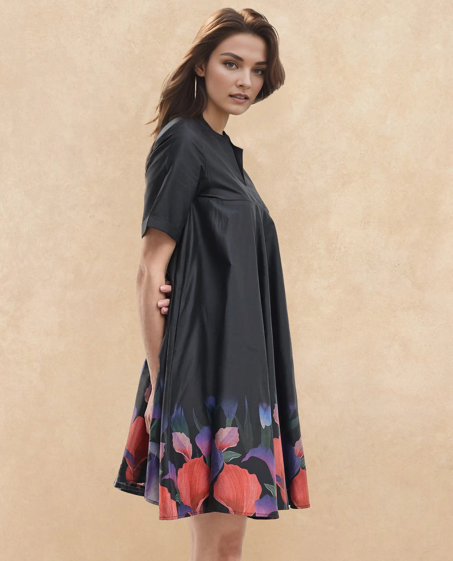 Rareism Women's Zapon Black Cotton Blend Crew Neck Floral Print Knee Length Fit And Flare Dress