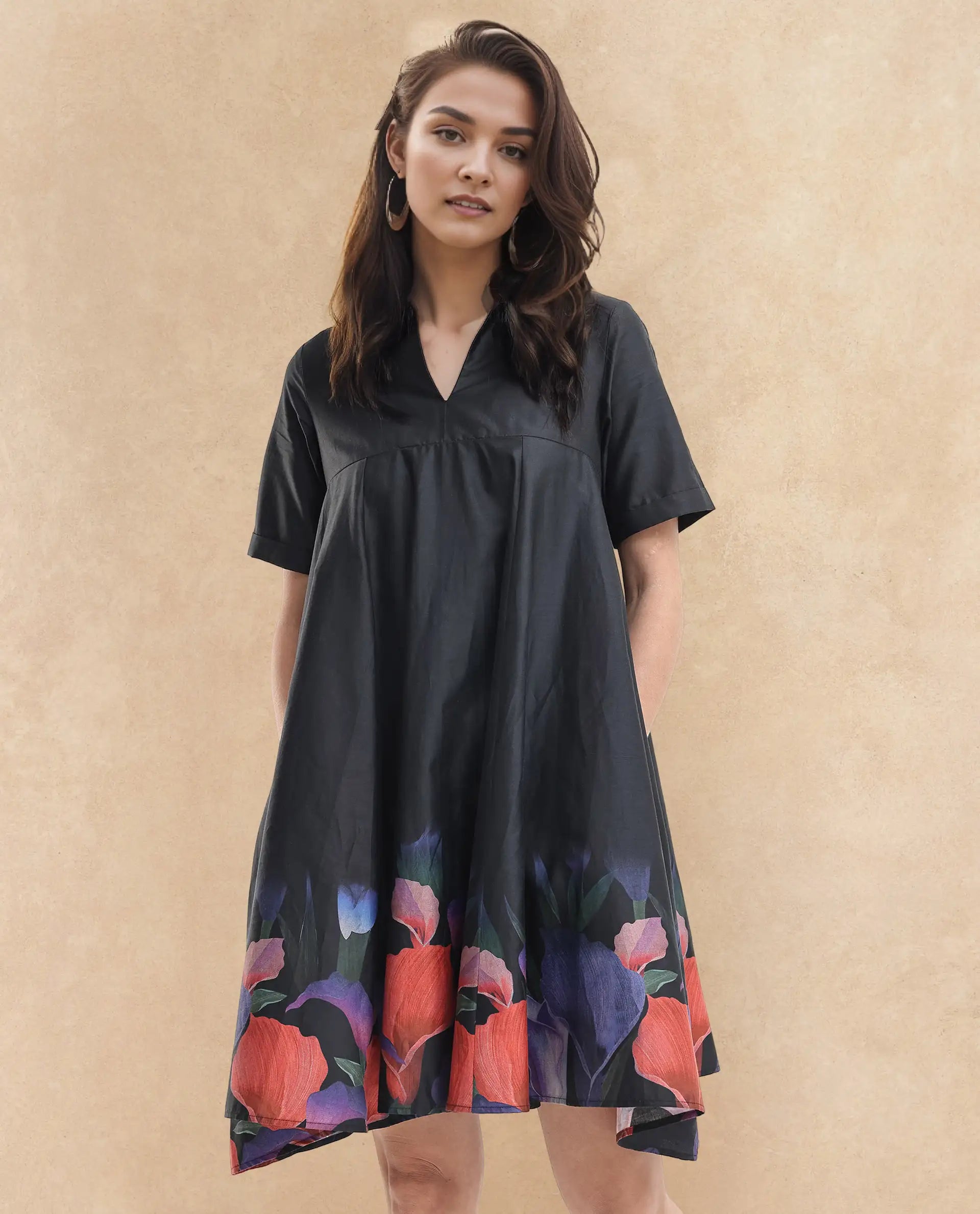 Rareism Women's Zapon Black Cotton Blend Crew Neck Floral Print Knee Length Fit And Flare Dress