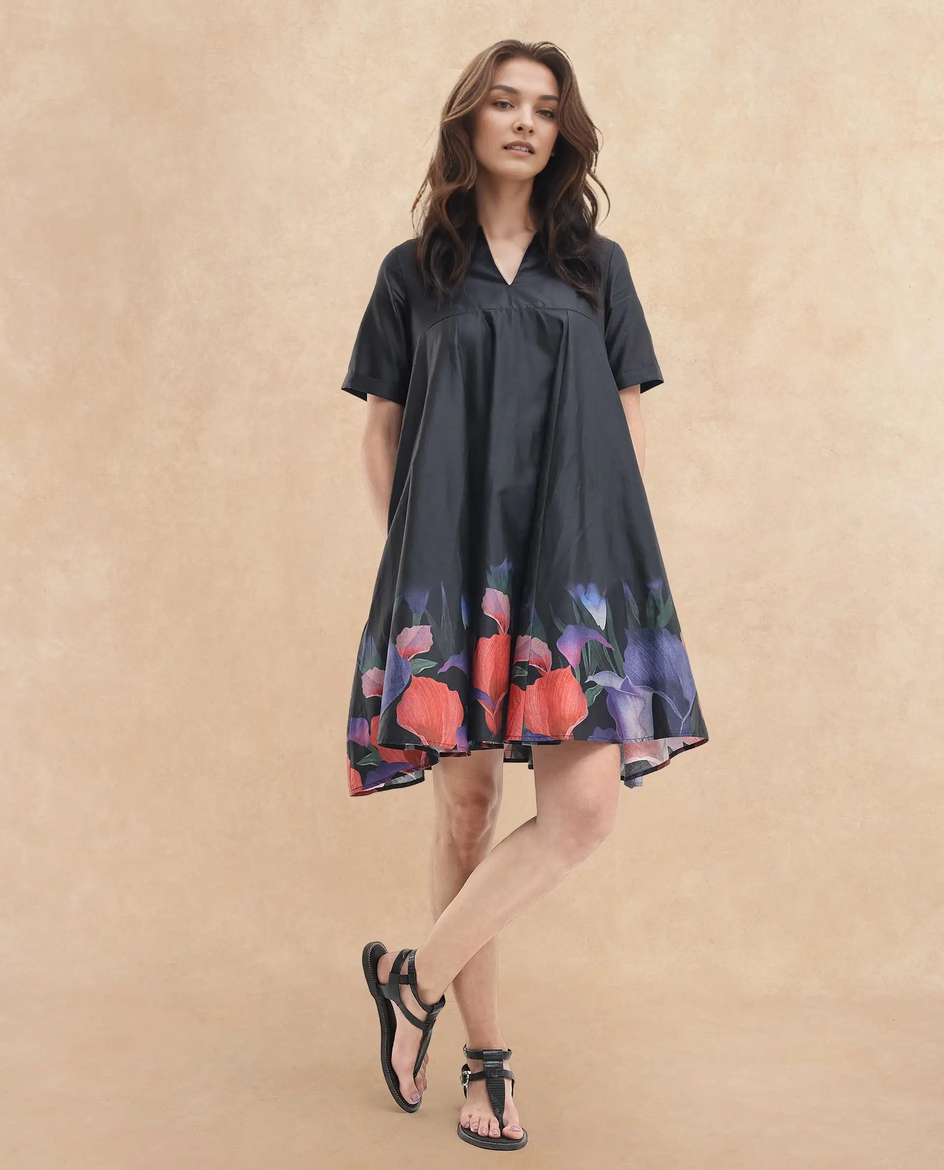 Rareism Women's Zapon Black Cotton Blend Crew Neck Floral Print Knee Length Fit And Flare Dress