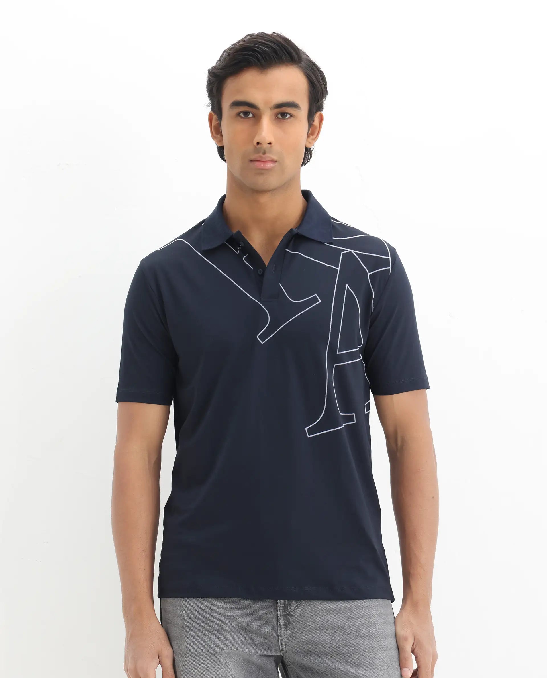 Rare Rabbit Men's Zapos Navy Cotton Graphic Print Regular Fit Half Sleeve Polo