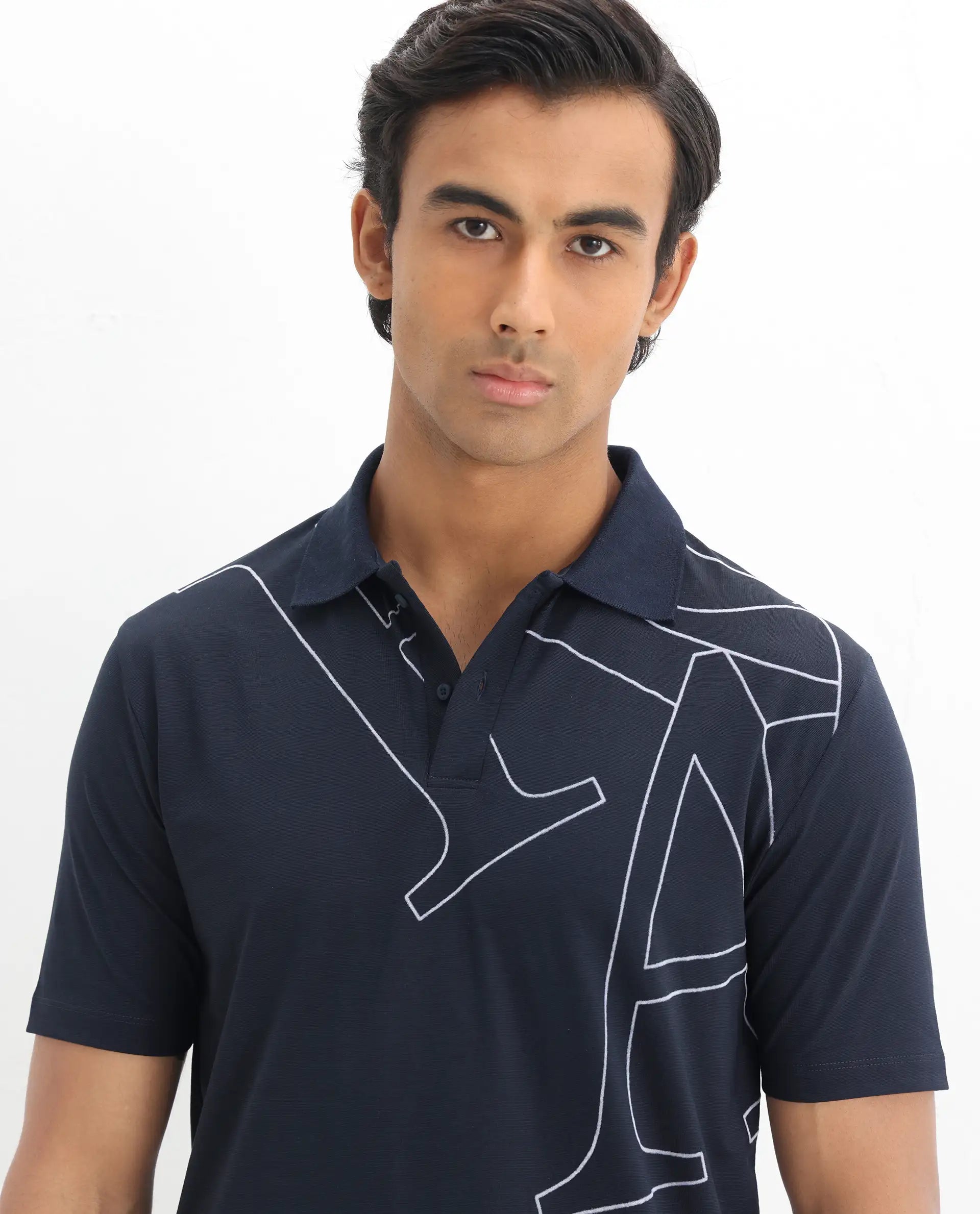 Rare Rabbit Men's Zapos Navy Cotton Graphic Print Regular Fit Half Sleeve Polo
