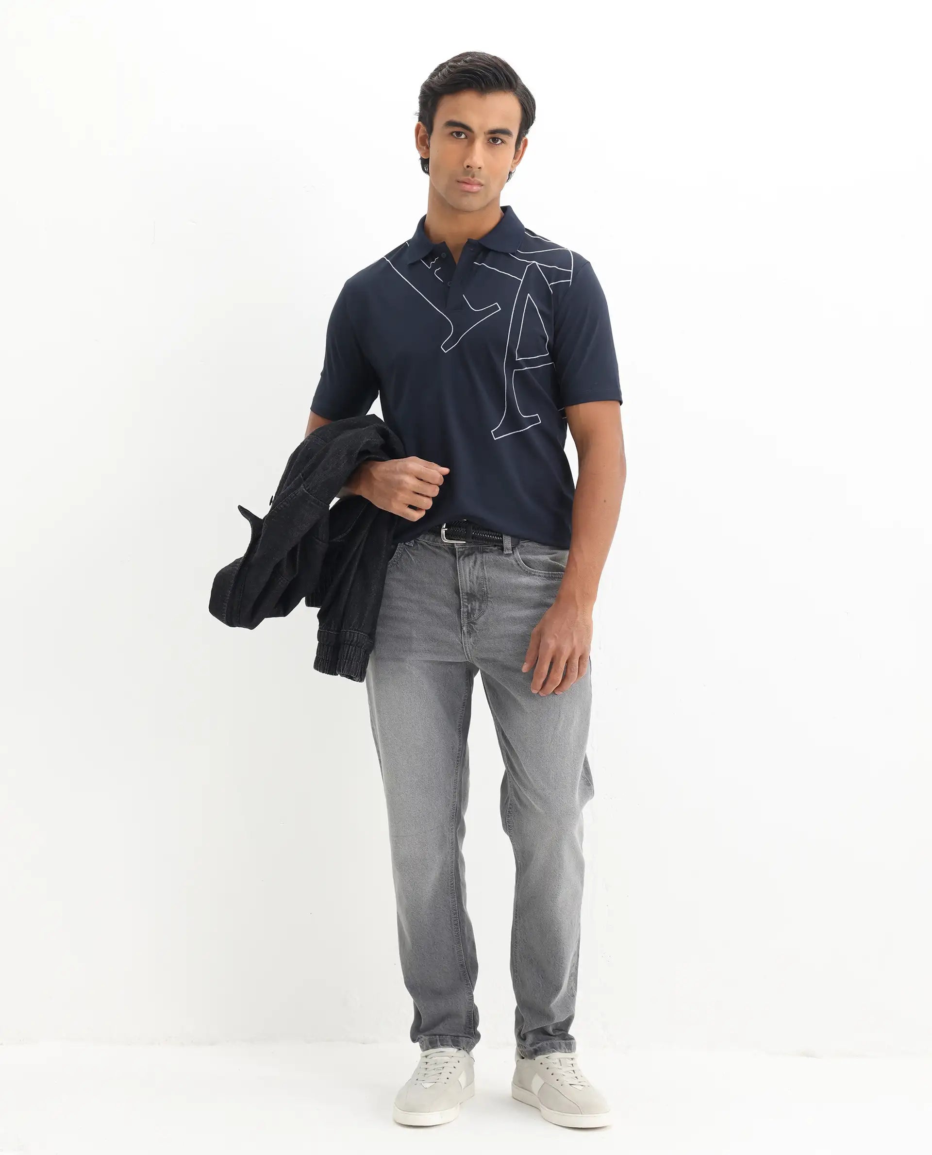 Rare Rabbit Men's Zapos Navy Cotton Graphic Print Regular Fit Half Sleeve Polo