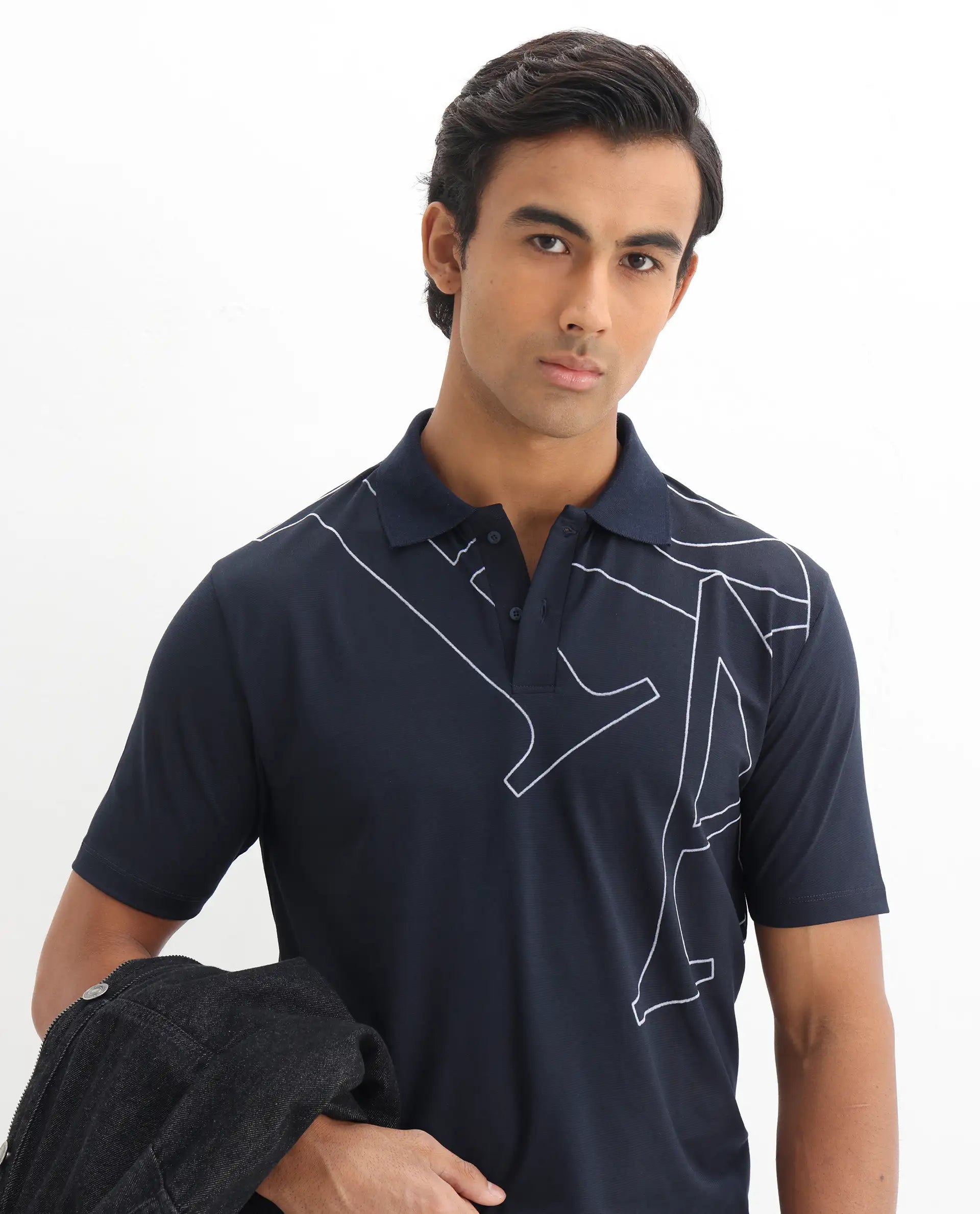 Rare Rabbit Men's Zapos Navy Cotton Graphic Print Regular Fit Half Sleeve Polo