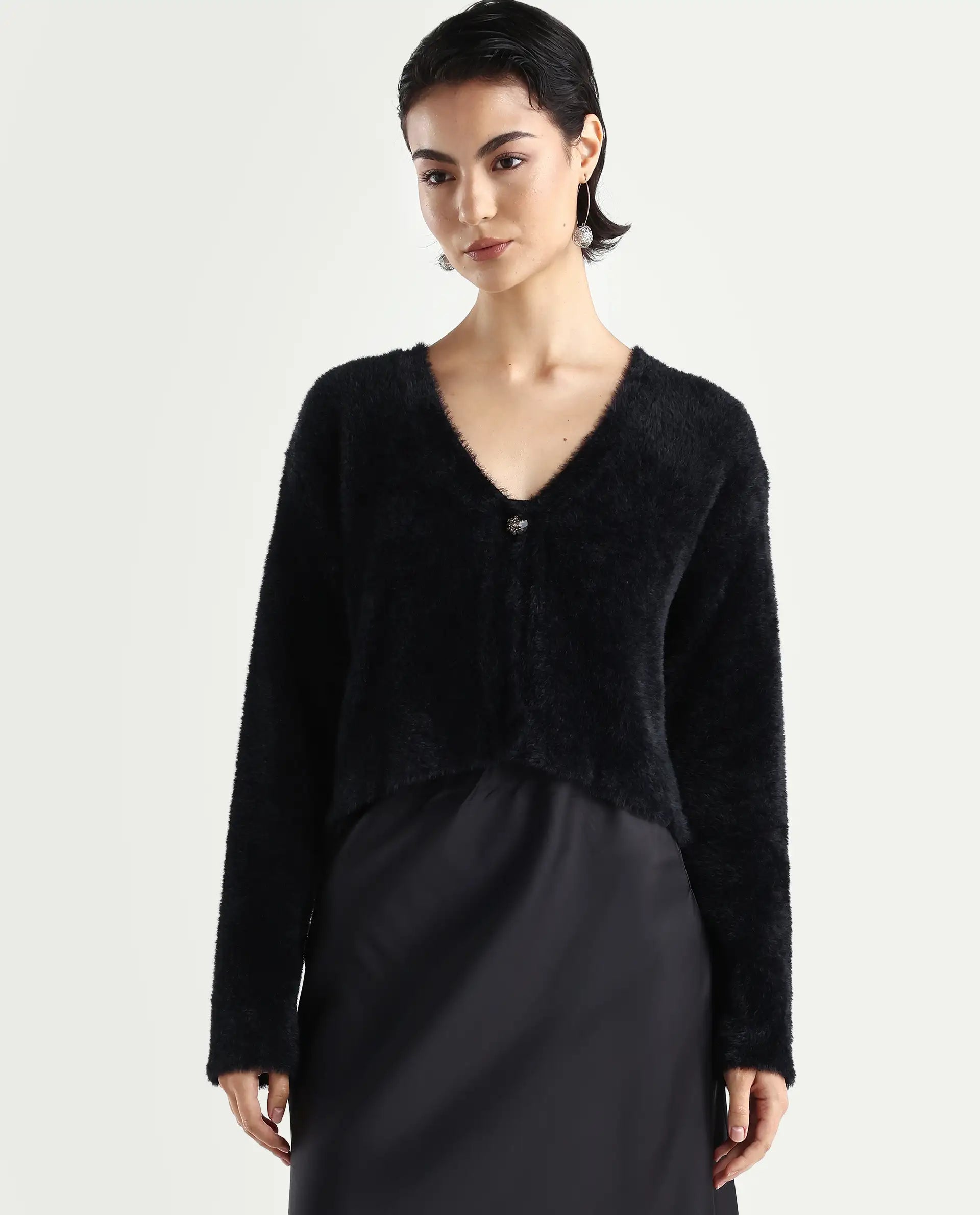 Rareism Women's Zarc-S Black Nylon V-Neck Relaxed Fit Plain Cardigan