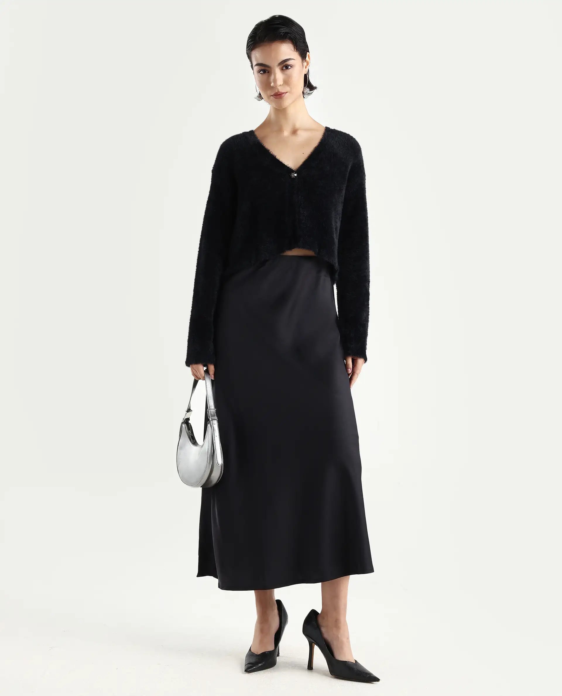 Rareism Women's Zarc-S Black Nylon V-Neck Relaxed Fit Plain Cardigan