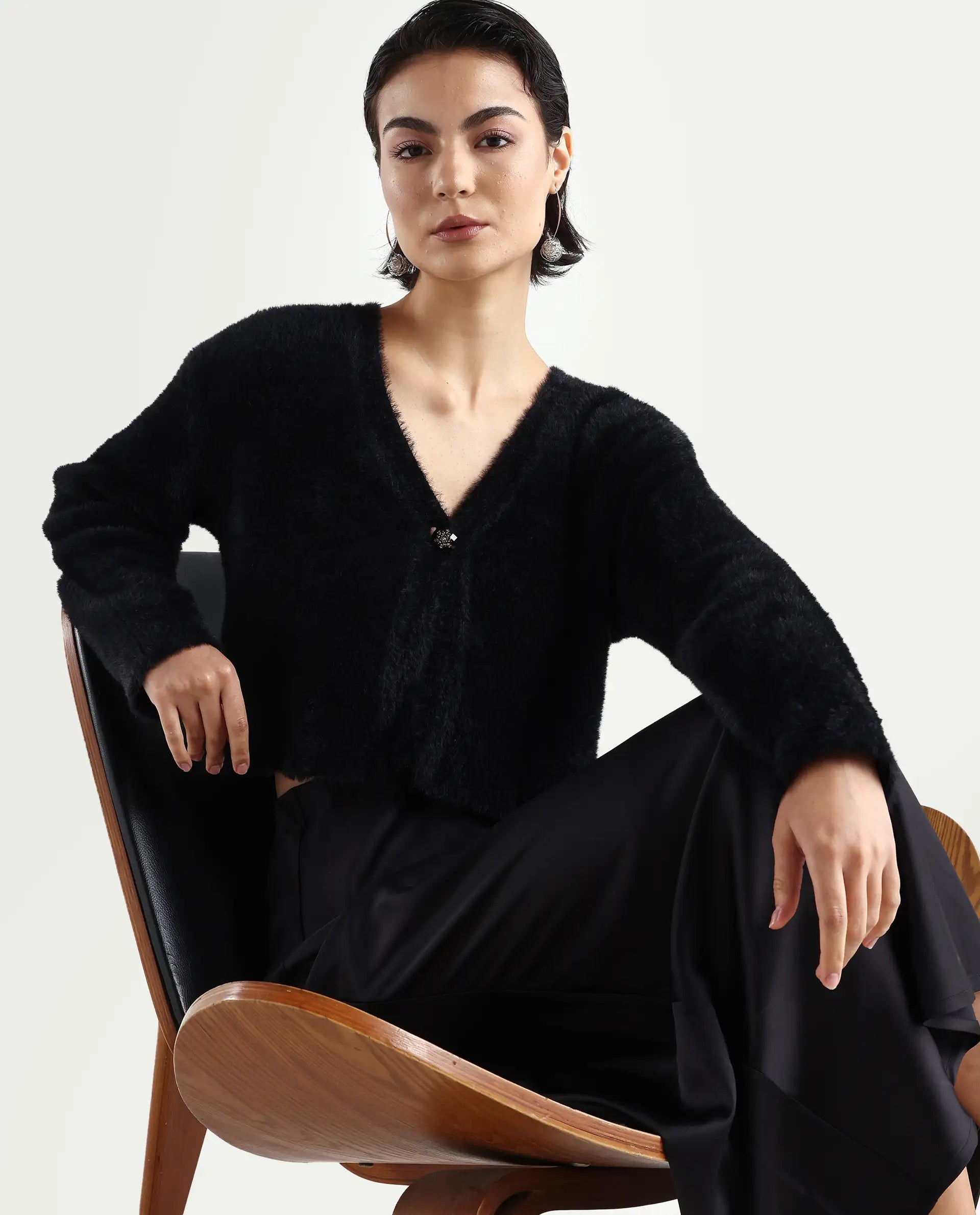 Rareism Women's Zarc-S Black Nylon V-Neck Relaxed Fit Plain Cardigan