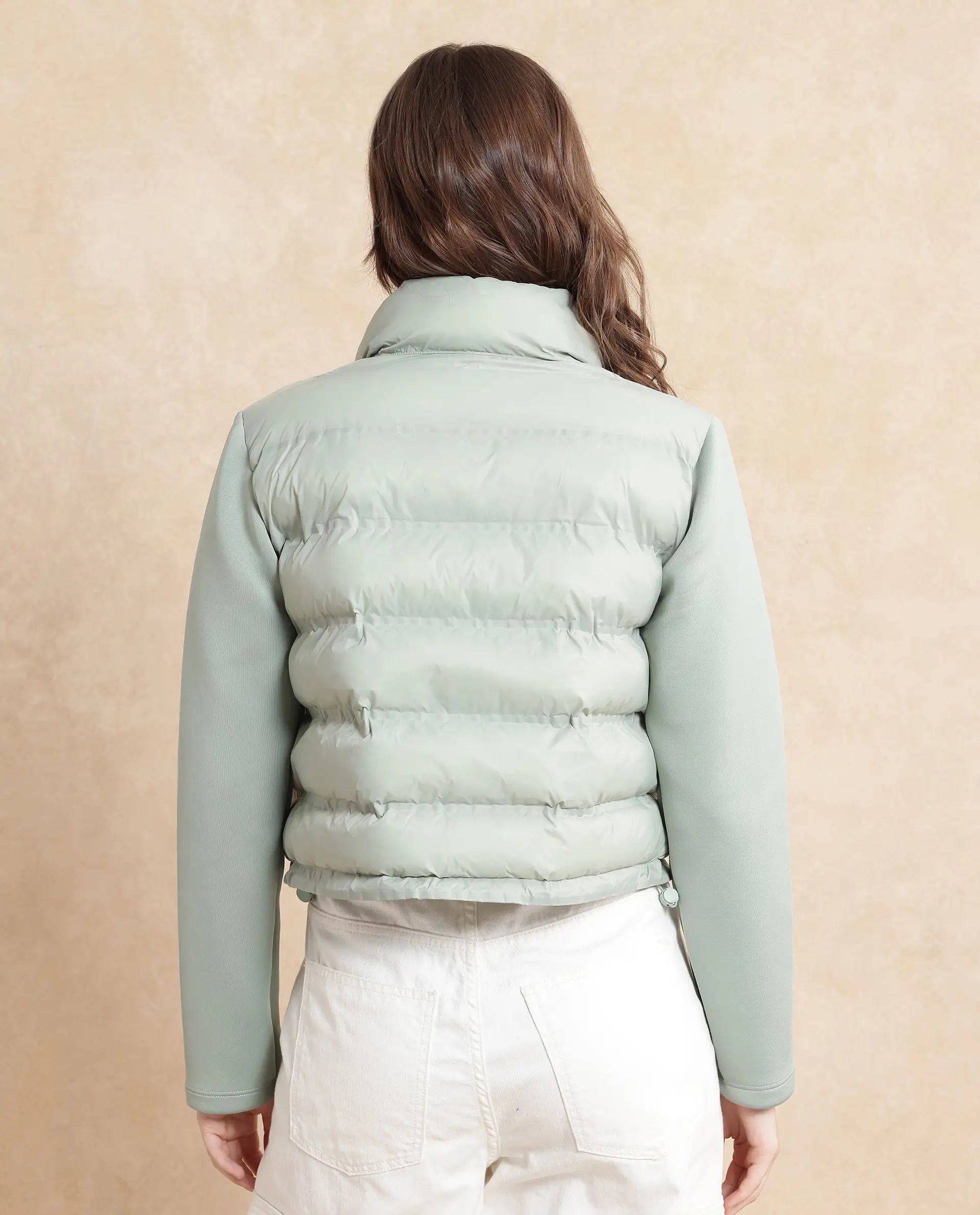 Rareism Women Zarcro Light Green Full Sleeve Stand Collar Zipper Closure Plain Jacket