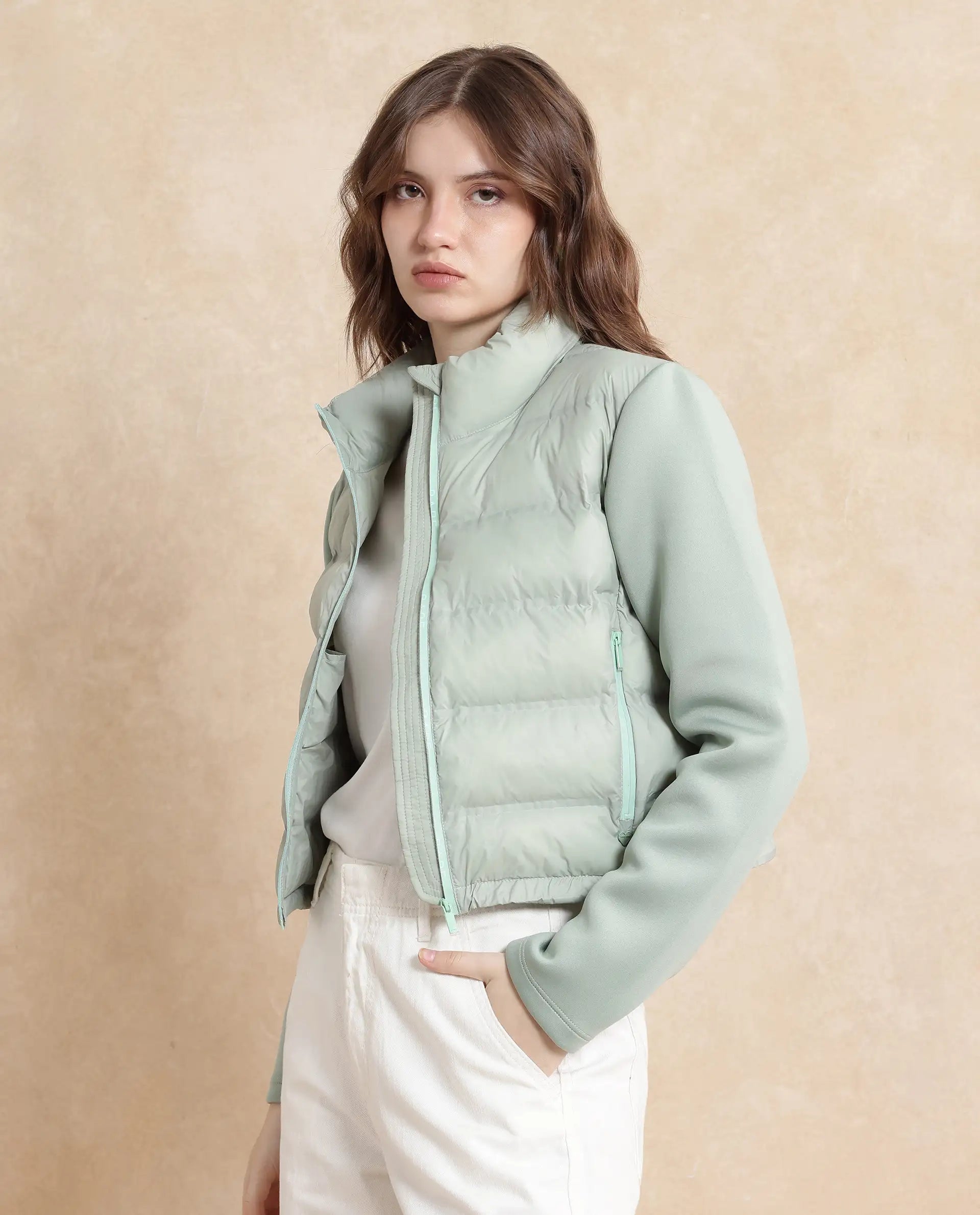 Rareism Women Zarcro Light Green Full Sleeve Stand Collar Zipper Closure Plain Jacket